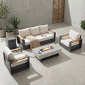 Outdoor Aluminum Patio Modern Conversation Sofa Set With Fire Pit Table Thick Cushions Weather Resistant Covers