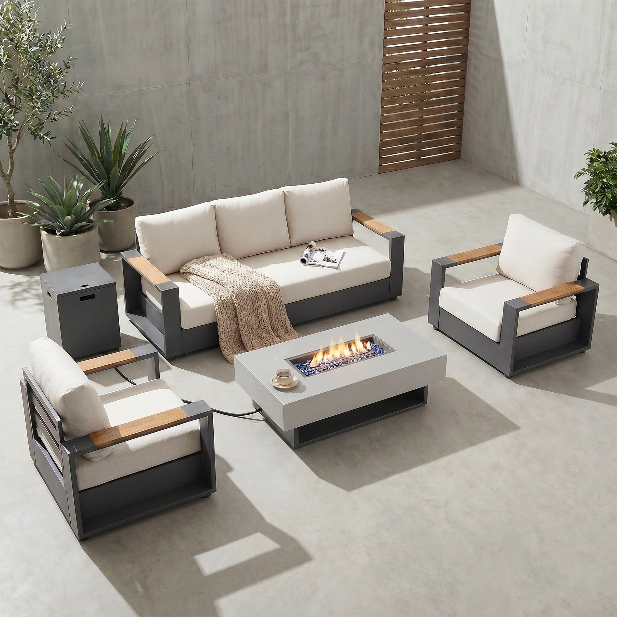 Outdoor Aluminum Patio Modern Conversation Sofa Set With Fire Pit Table Thick Cushions Weather Resistant Covers