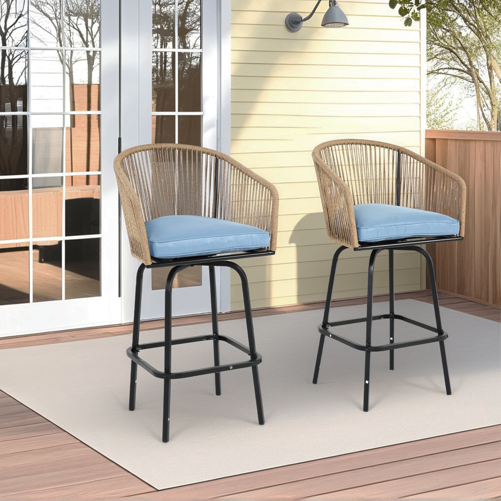 Outdoor Bar Stools Set Of 2 2 Piece Patio Bar Stools With Armrests All Weather Rattan Bar Chairs With Backrest Bar Stools
