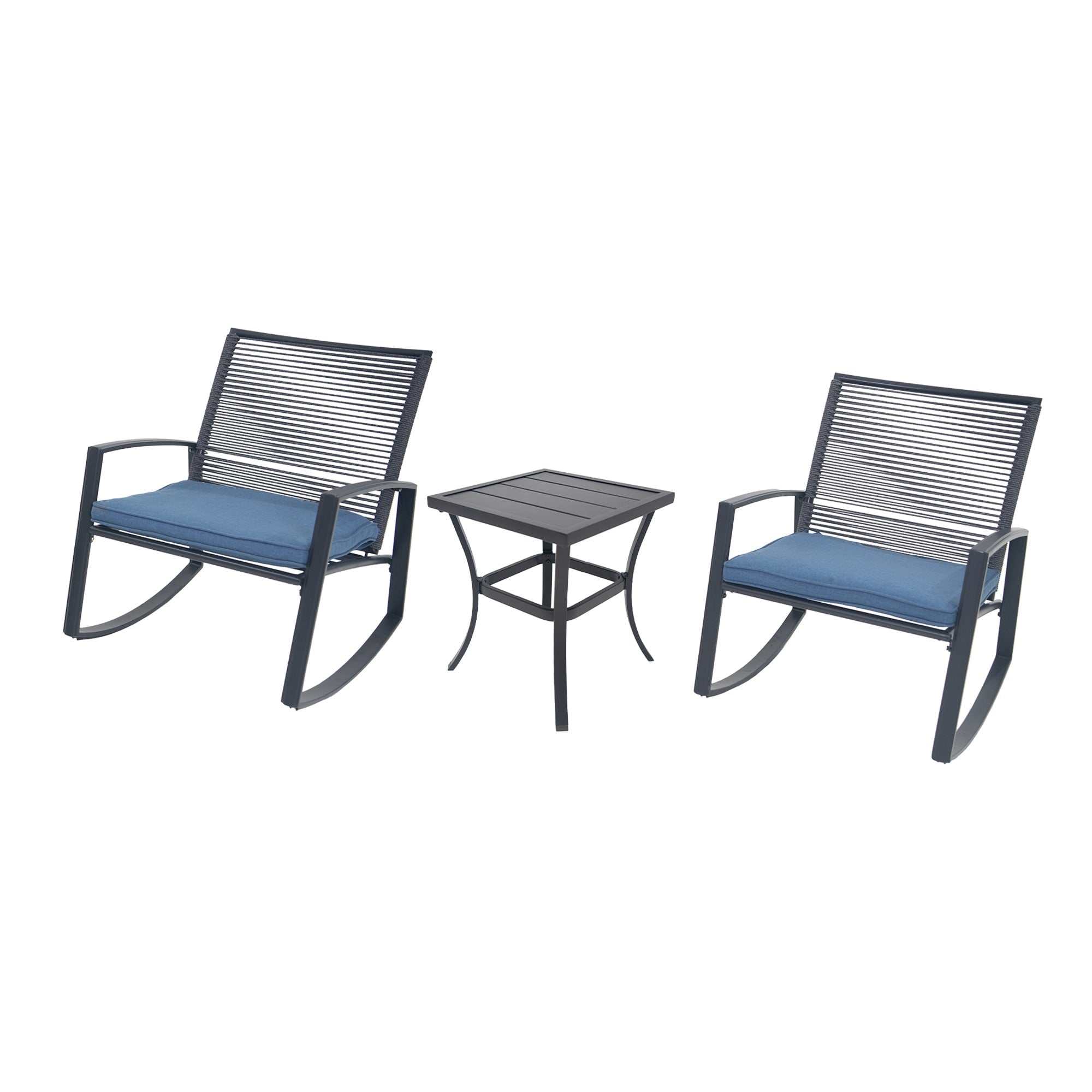 Outdoor Bistro Set With Coffee Chairs Side Table Blue Patio Conversation Set With Upholstered Cushions