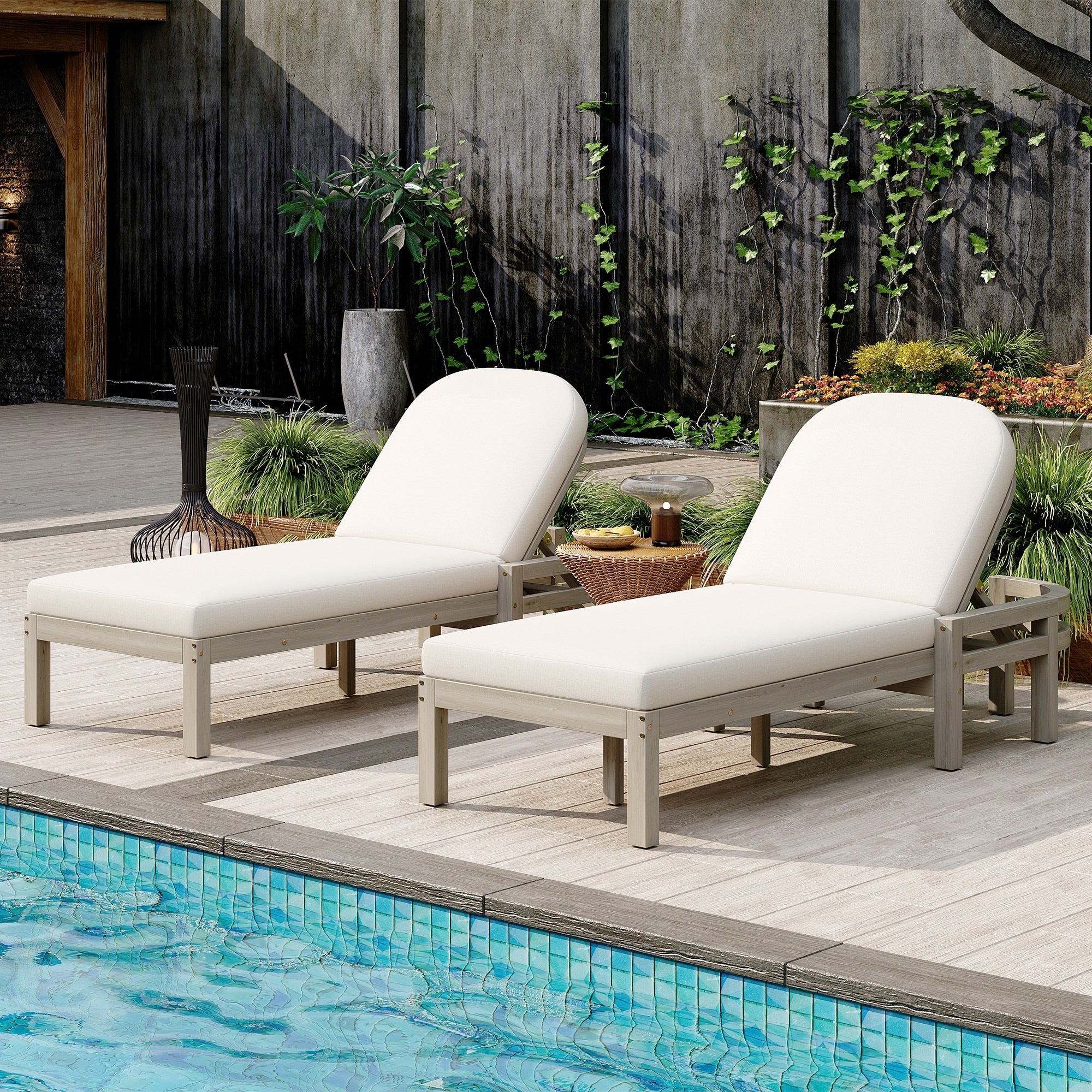 Outdoor Chaise Lounge Set Of 2 Premium Acacia Wood Patio Recliner With Arched Backrest 5 Position Adjustable Backrest