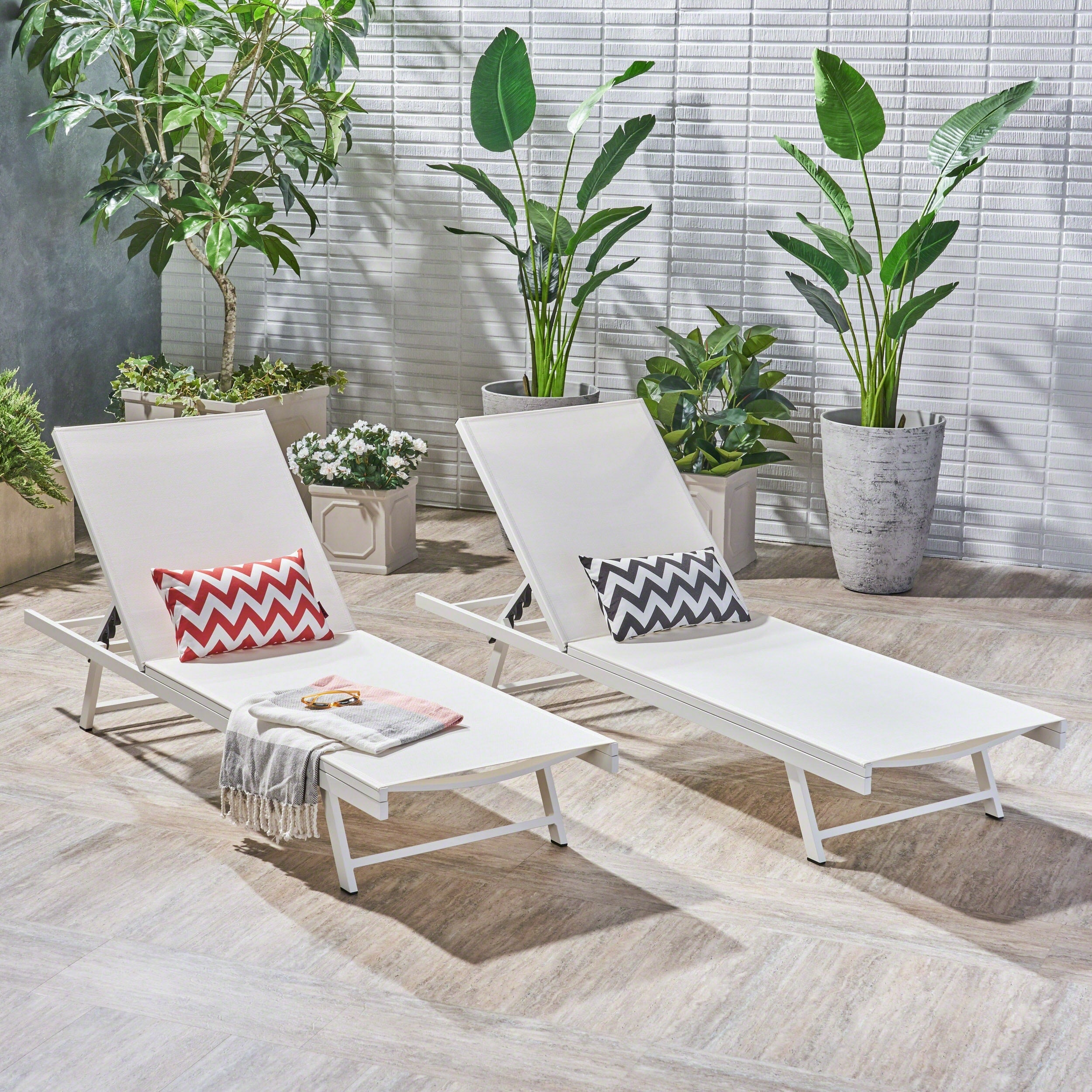 Outdoor Chaise Lounge Set Of 2 5 Position Adjustable Backrest Steel Frame With Textilence Seat Patio Poolside Reclining Chairs