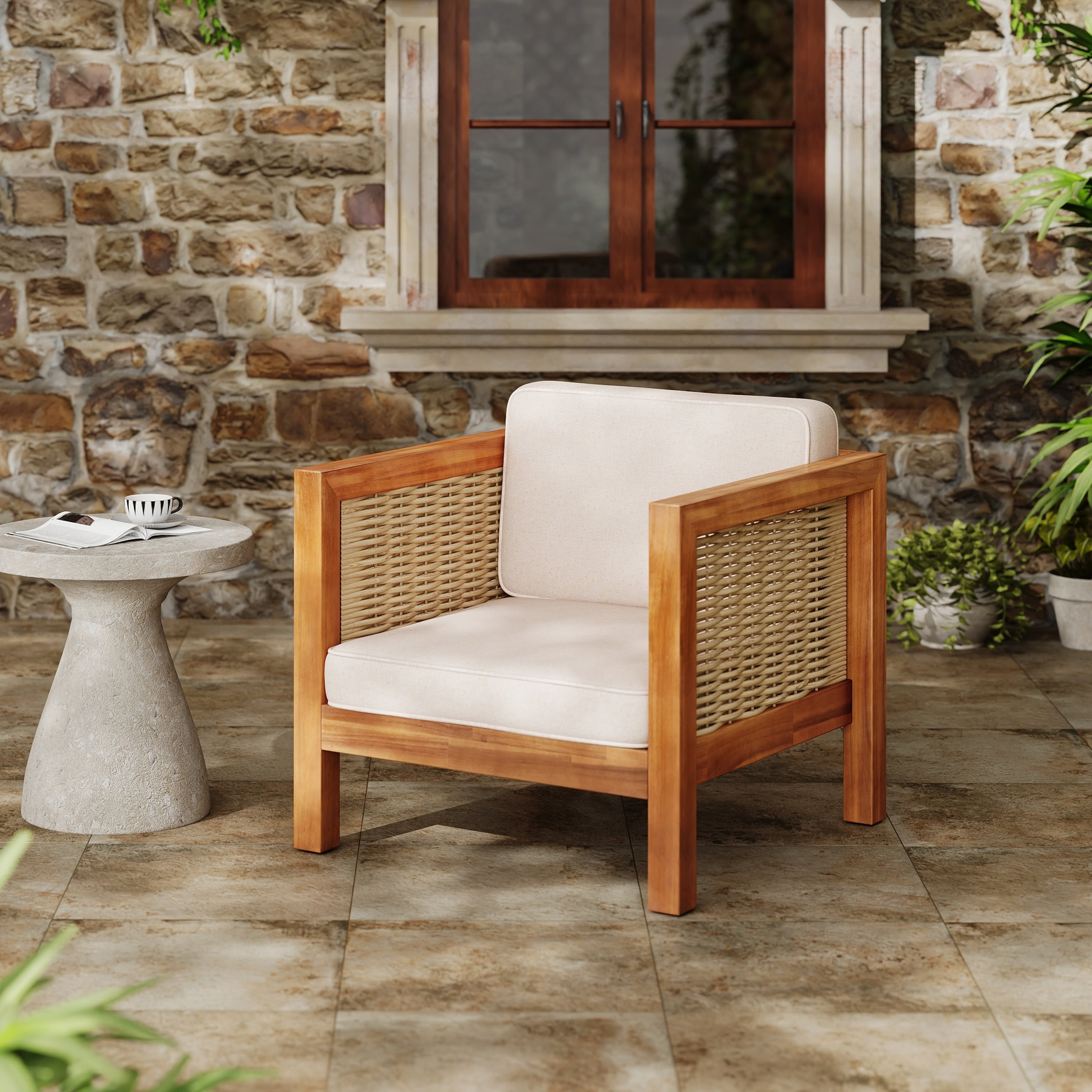 Outdoor Club Chair Upholstered Arm Chair With Wicker Armrest Coffee Chair Reception Chair Side Chair