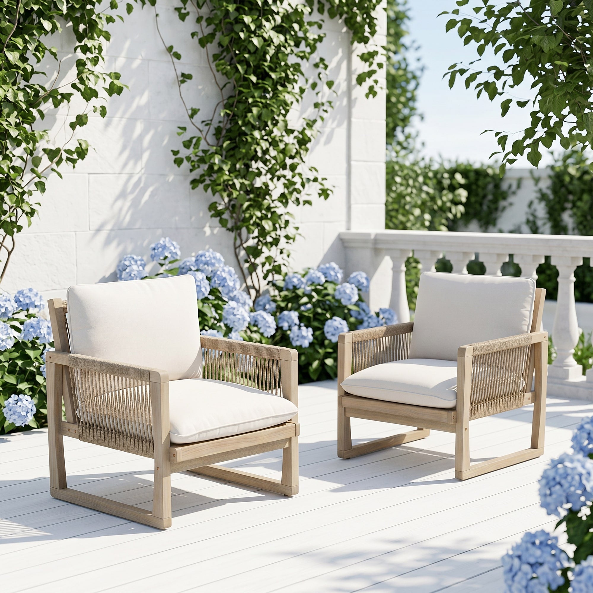 Outdoor Conversation Chair Set 2 Piece Acacia Wood Patio Single Sofa Outdoor Club Chair Rope Weave Arm Chair Weather Resistant