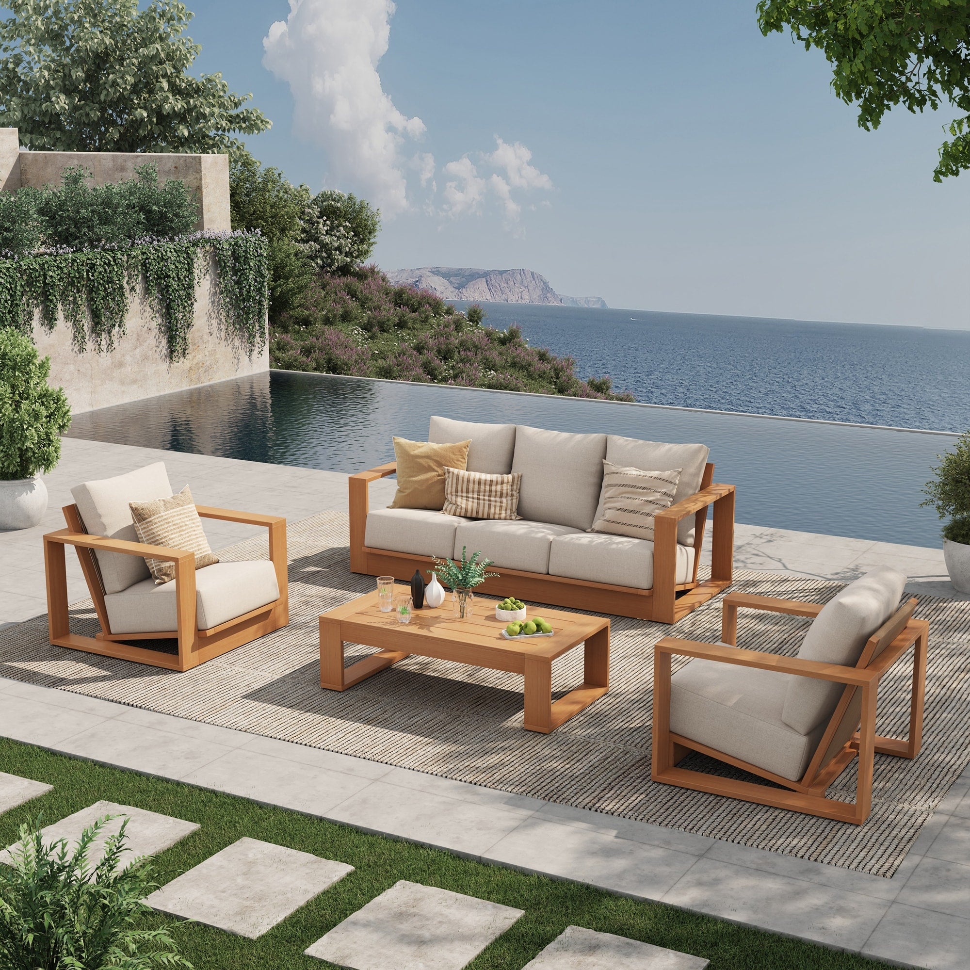 Outdoor Conversation Set 4 Piece Eucalyptus Wood 3 Seater Sofa Weather Resistant Rope Weave With Coffee Table