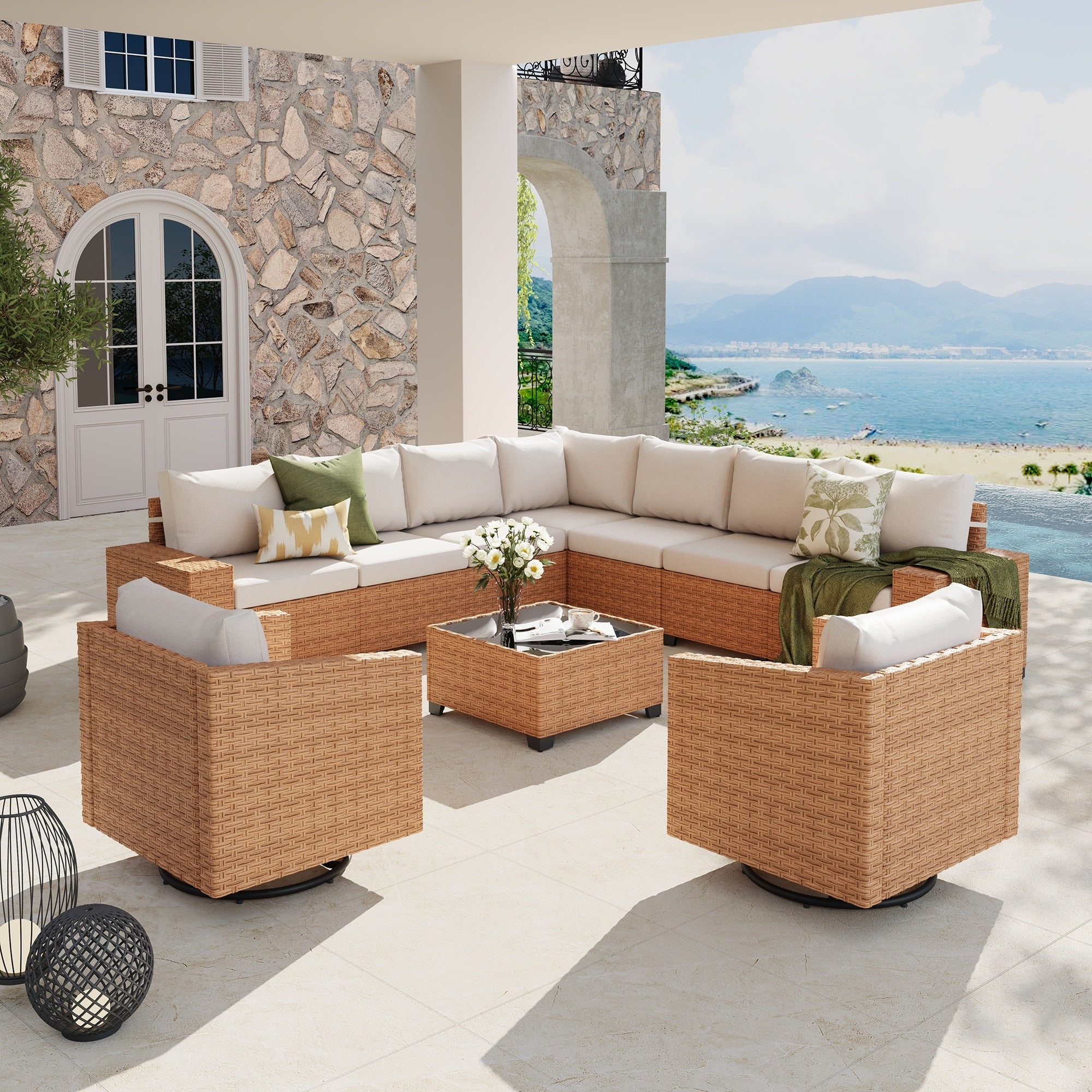Outdoor Conversation Set L Shaped Corner Sectional Sofa 10 Piece With Swivel Chair And Coffee Table Pe Wicker Rattan