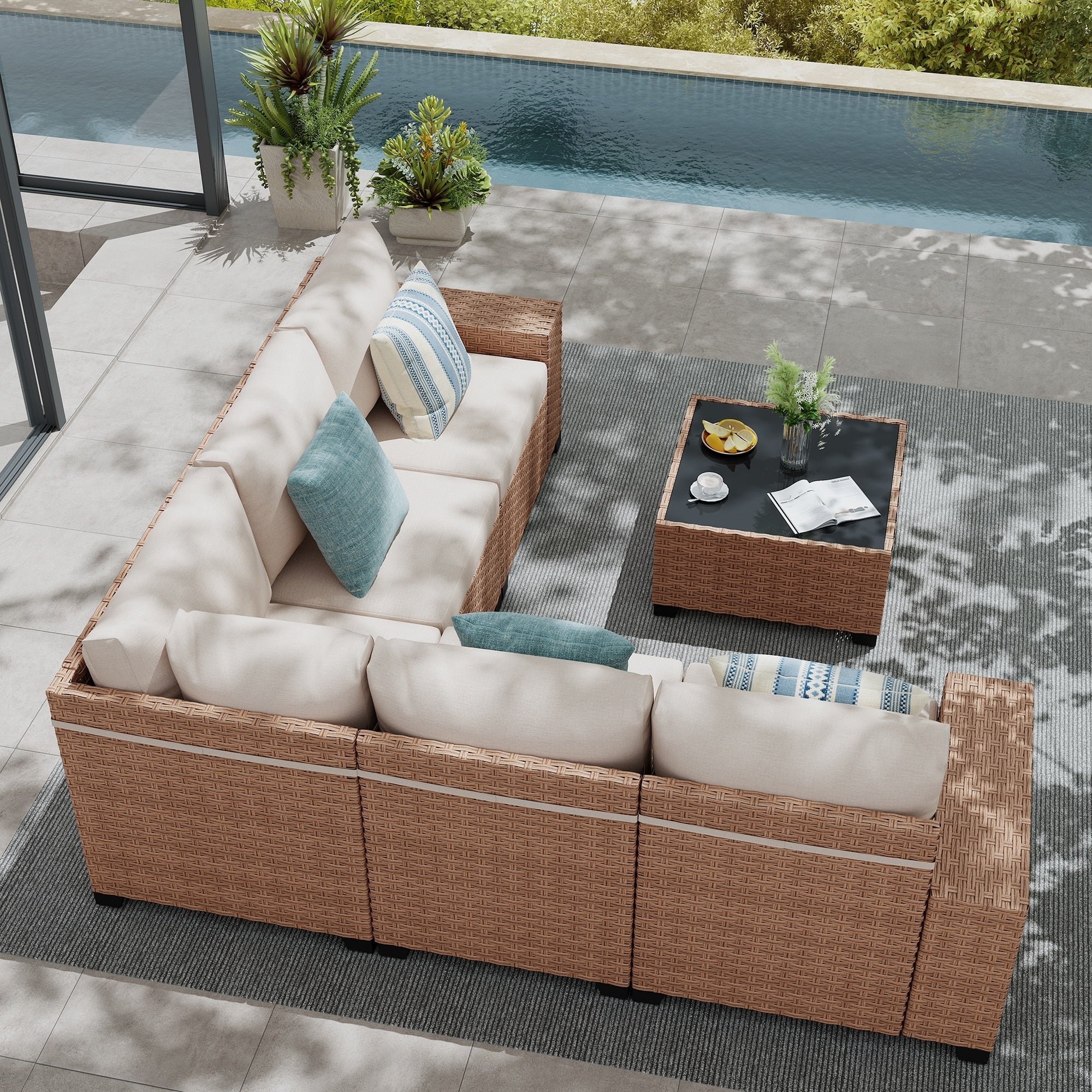Outdoor Conversation Set L Shaped Sectional Sofa 6 Piece With Cushions And Coffee Table Pe Wicker Rattan Weather Resistant