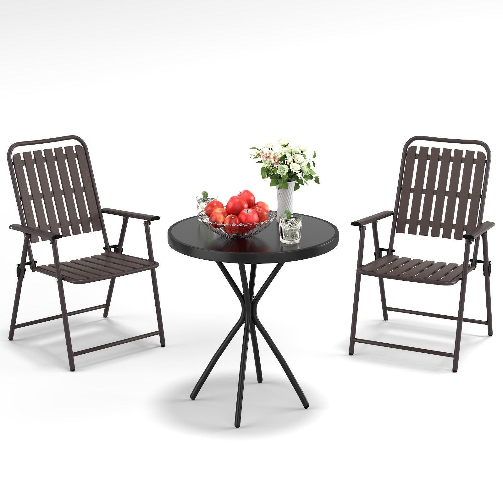 Outdoor Conversation Set With Foldable Coffee Chair Side Table Antique Brown Patio Chat Set For Poolside Backyard