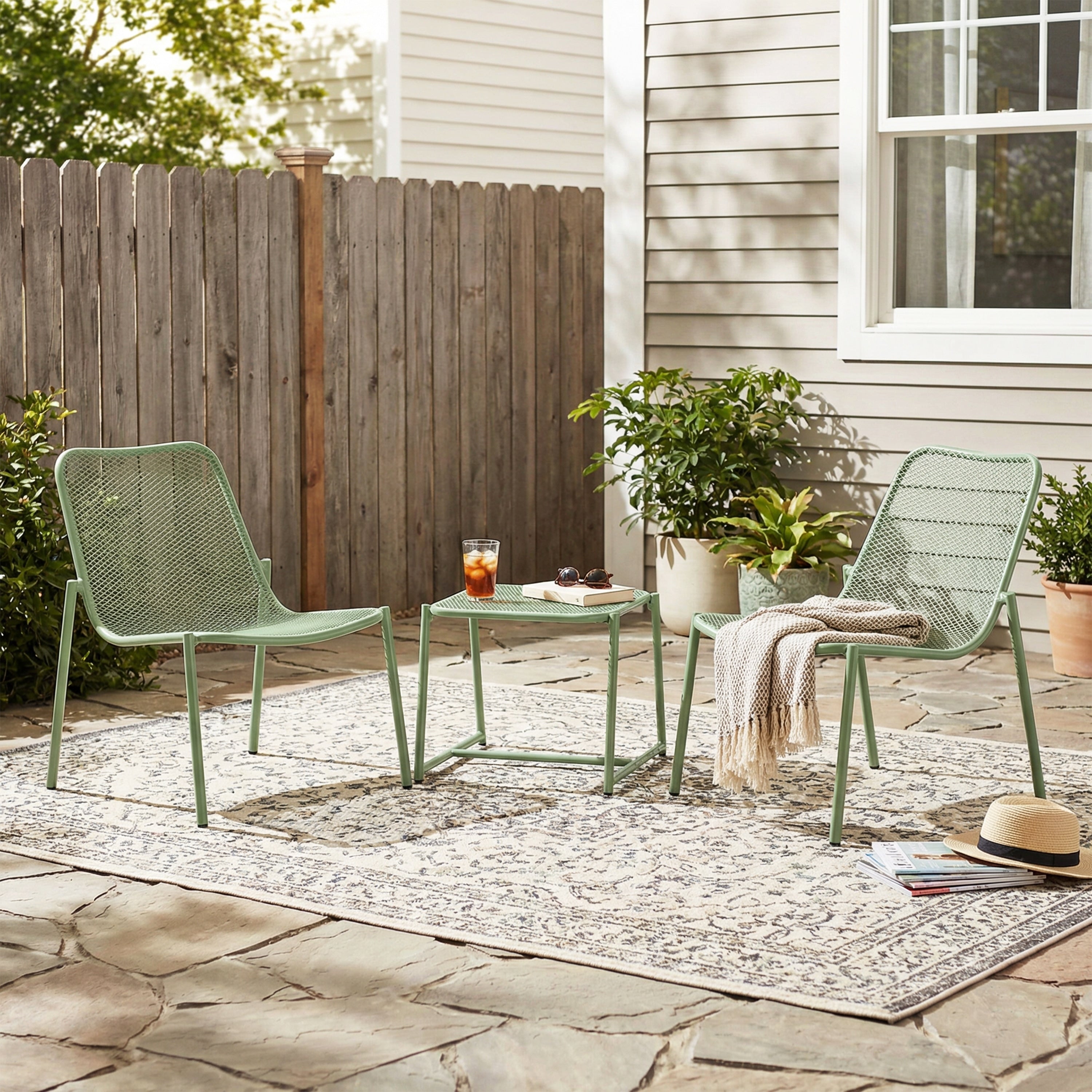 Outdoor Conversation Set With Side Chairs Coffee Table Matte Green Patio Chat Set For Poolside Backyard