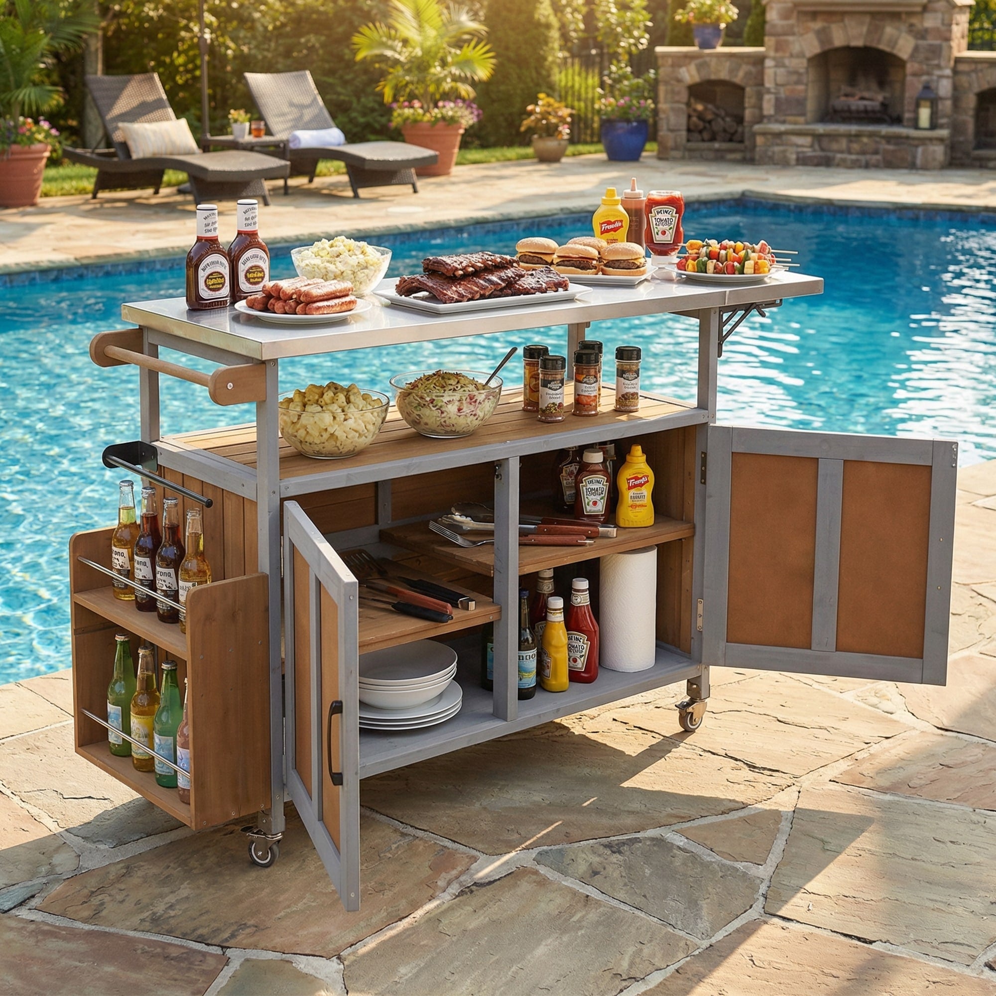 Outdoor Cooking Island Espresso Kitchen Island With Lockable Wheels Serving Cart With Storage Cabinet And Towel Rack