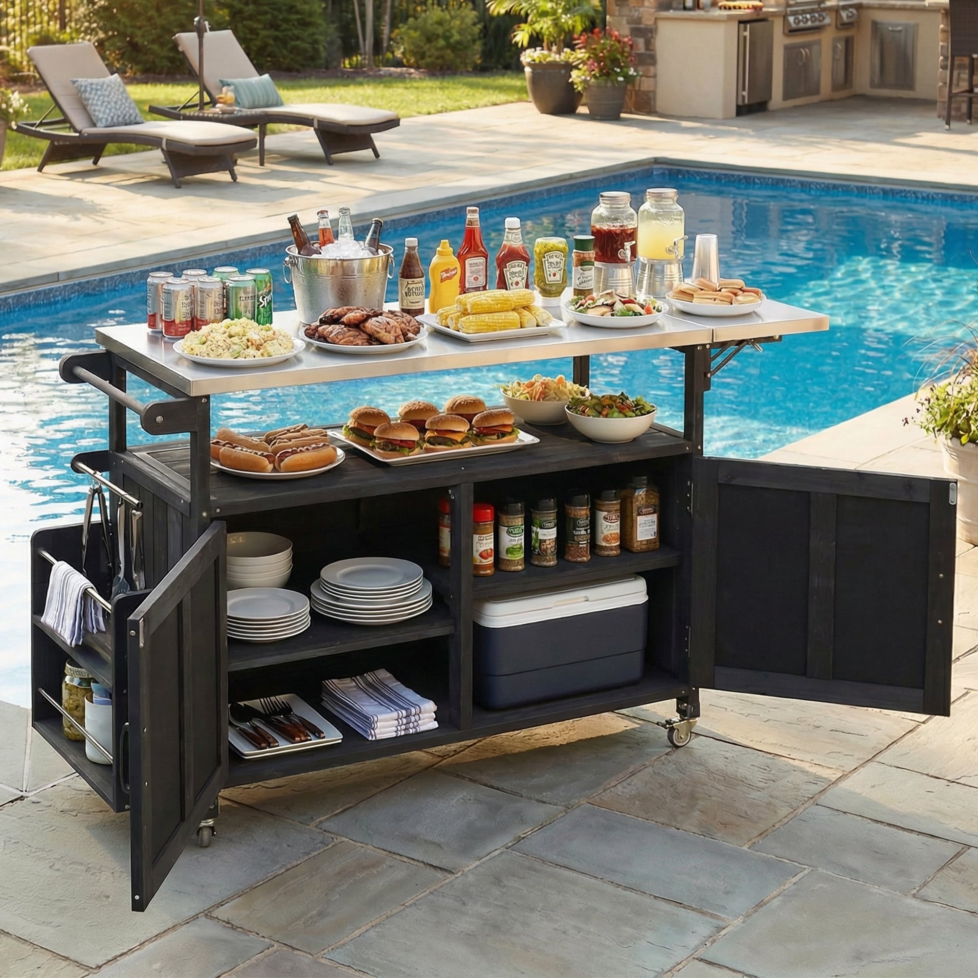 Outdoor Cooking Island Kitchen Island With Lockable Wheels Serving Cart With Storage Cabinet And Towel Rack