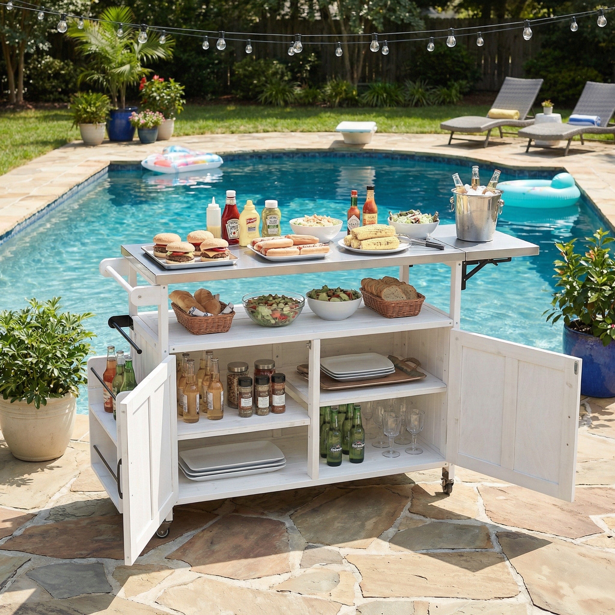 Outdoor Cooking Island Kitchen Island With Lockable Wheels White Serving Cart With Storage Cabinet And Towel Rack
