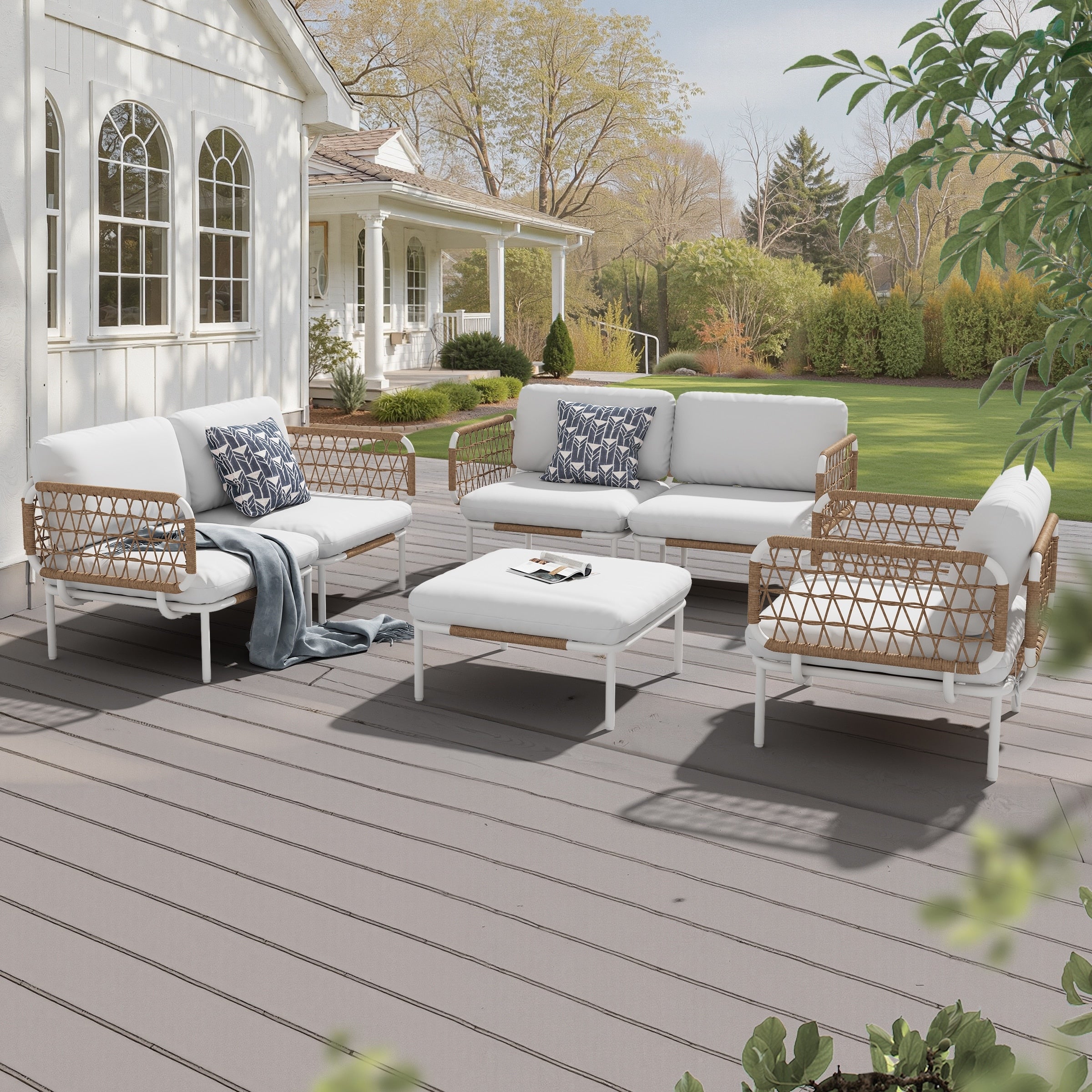 4 Piece Patio Conversation Set With Coffee Table And Padded Cushions