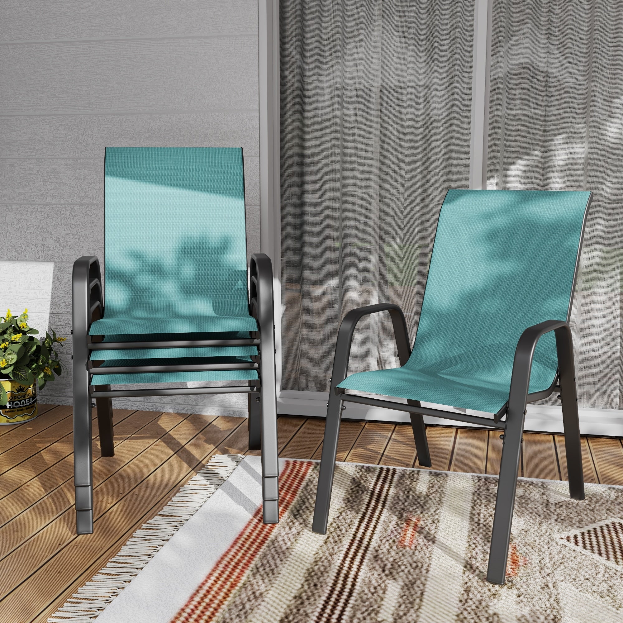 Outdoor Dining Chair 4 Piece Set Wide Seat 350 Lbs Capacity Waterproof Rust Resistant Teslin Fabric Metal Frame
