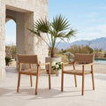 Outdoor Dining Chair Set Acacia Wood Twisted Wicker Weave Stackable Arm Chair Weather Resistance