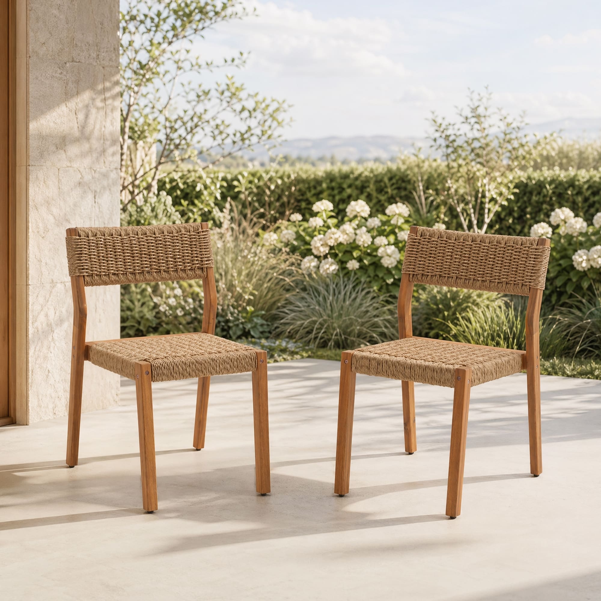 Outdoor Dining Chair Set Acacia Wood Twisted Wicker Weave Stackable Armless Chair Weather Resistance