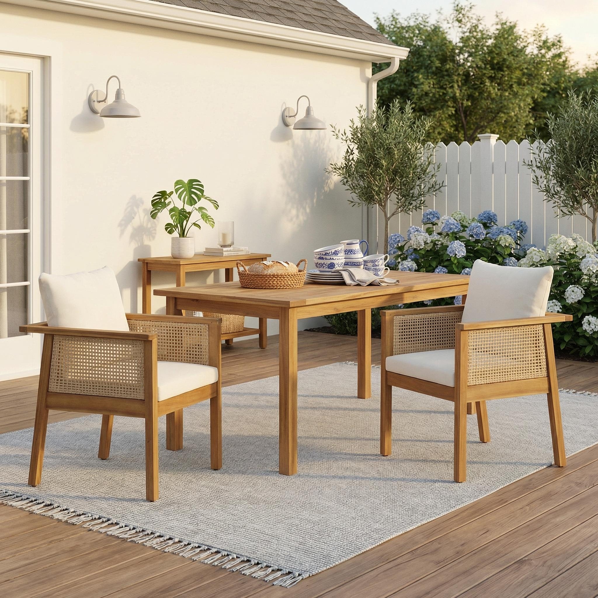 Outdoor Dining Chairs Set Of 2 Acacia Wood Patio Armchair With Natural Wickers And Cream Washable Cushion