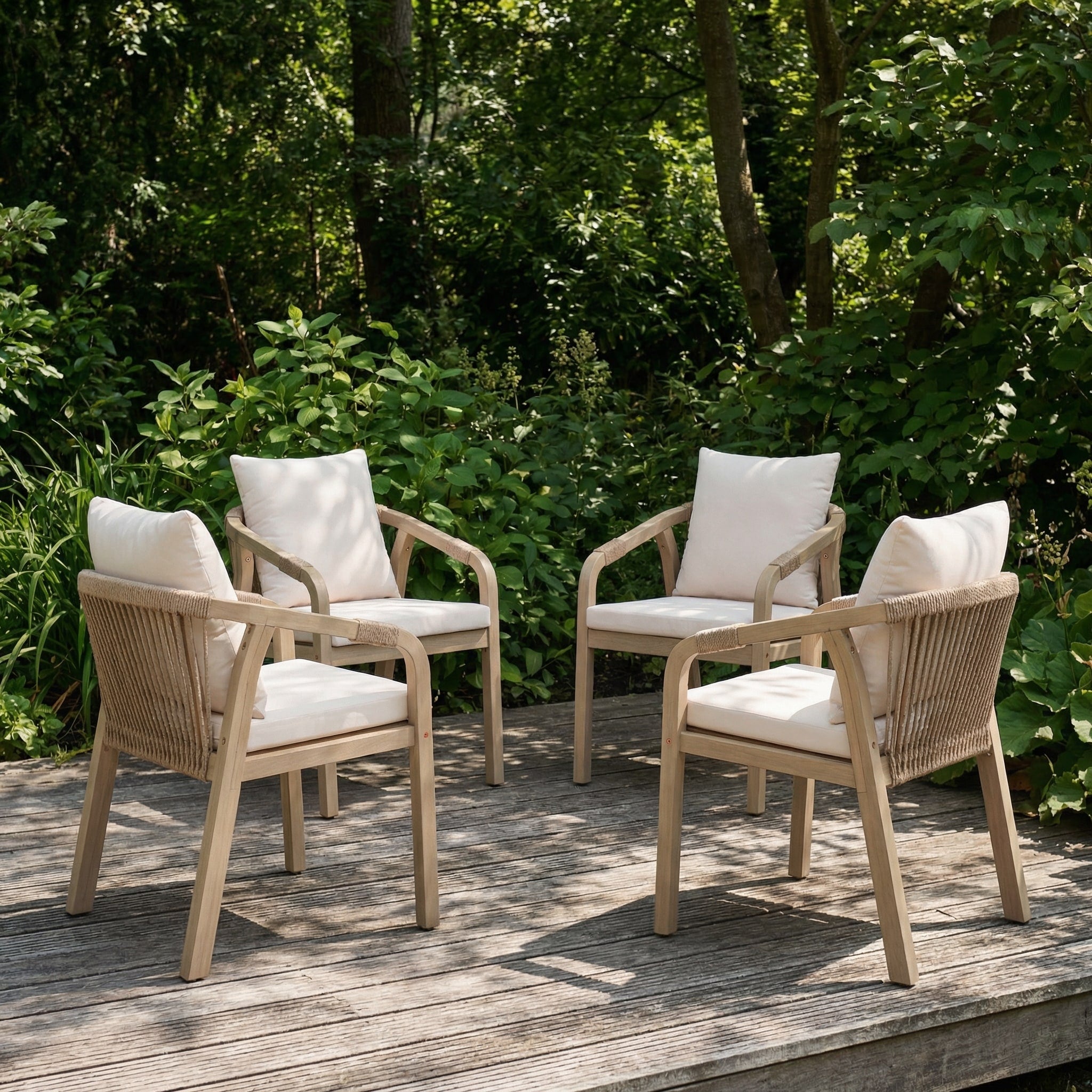 Outdoor Dining Chairs In Solid Acacia Wood Armchairs Rope Weaving Weather Resistant U Shaped Backrest