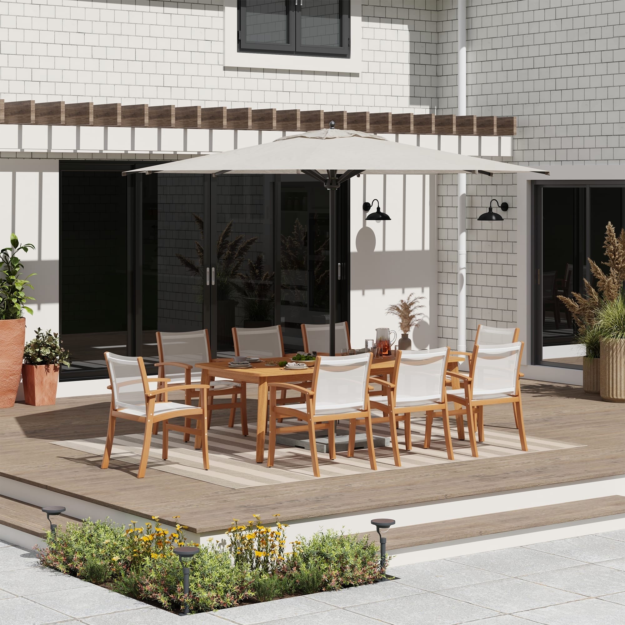 Outdoor Dining Set 9 Piece Acacia Wood Patio Arm Chair With Breathable Textilene Fabric And Table With Umbrella Hole