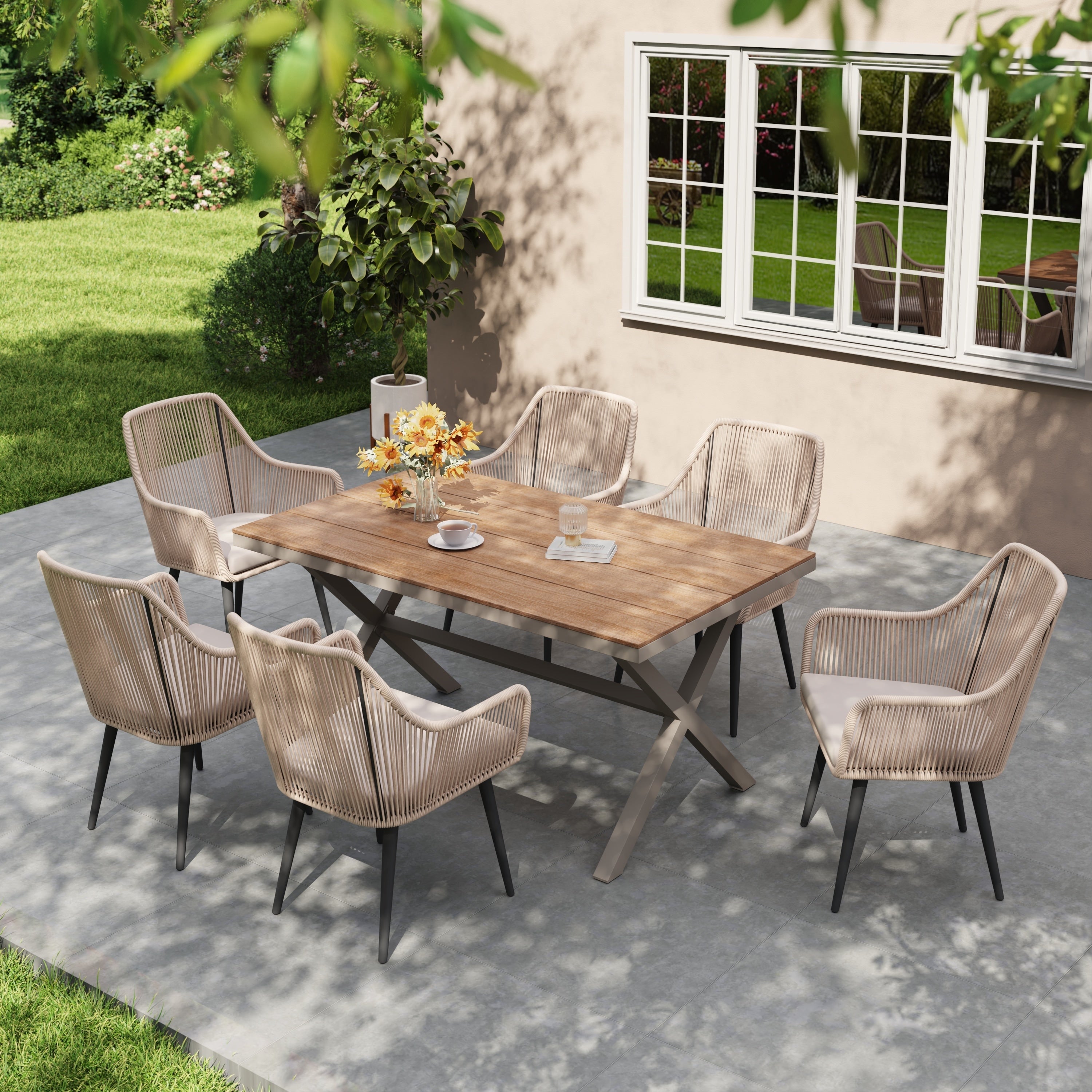 Outdoor Dining Set With Aluminum X Leg Table And Pe Rattan Chairs