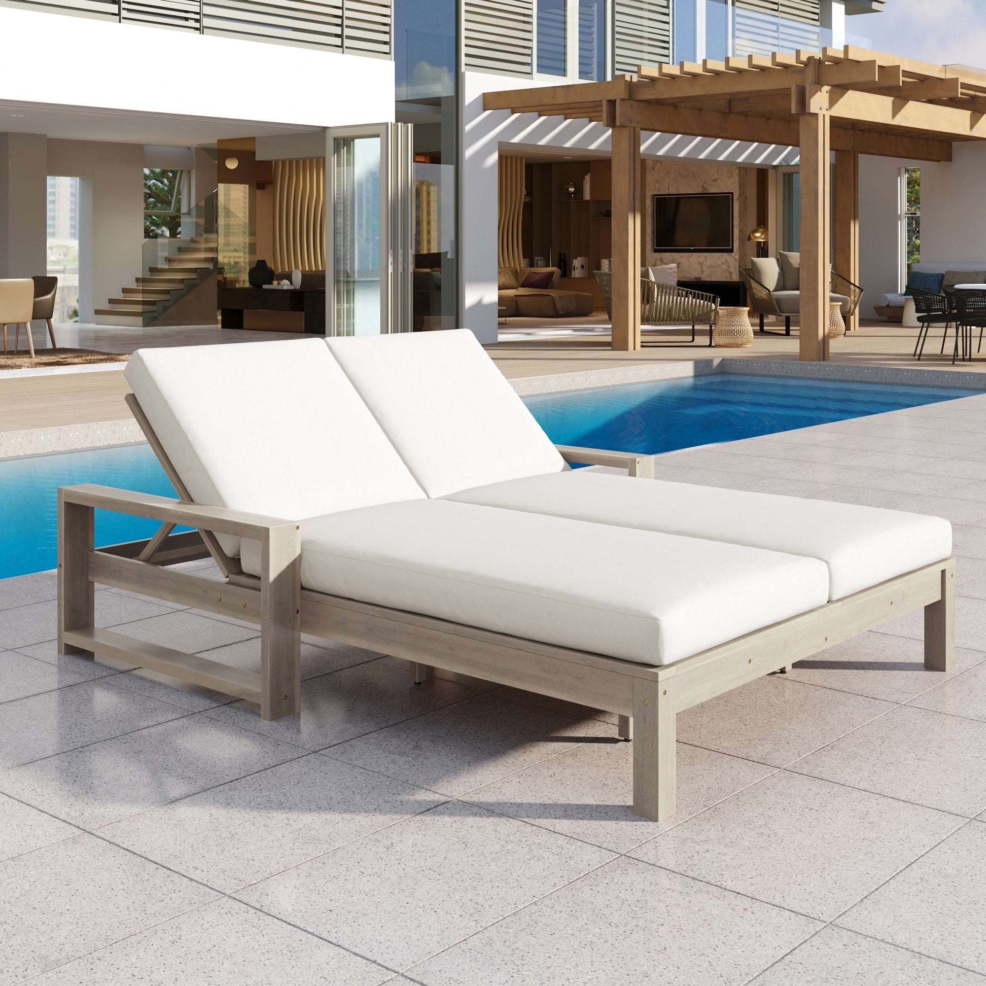 Outdoor Double Lounge Chair With 5 Position Adjustable Backrest For Each Seat Wood Patio Chaise Lounge With Removable Cushions