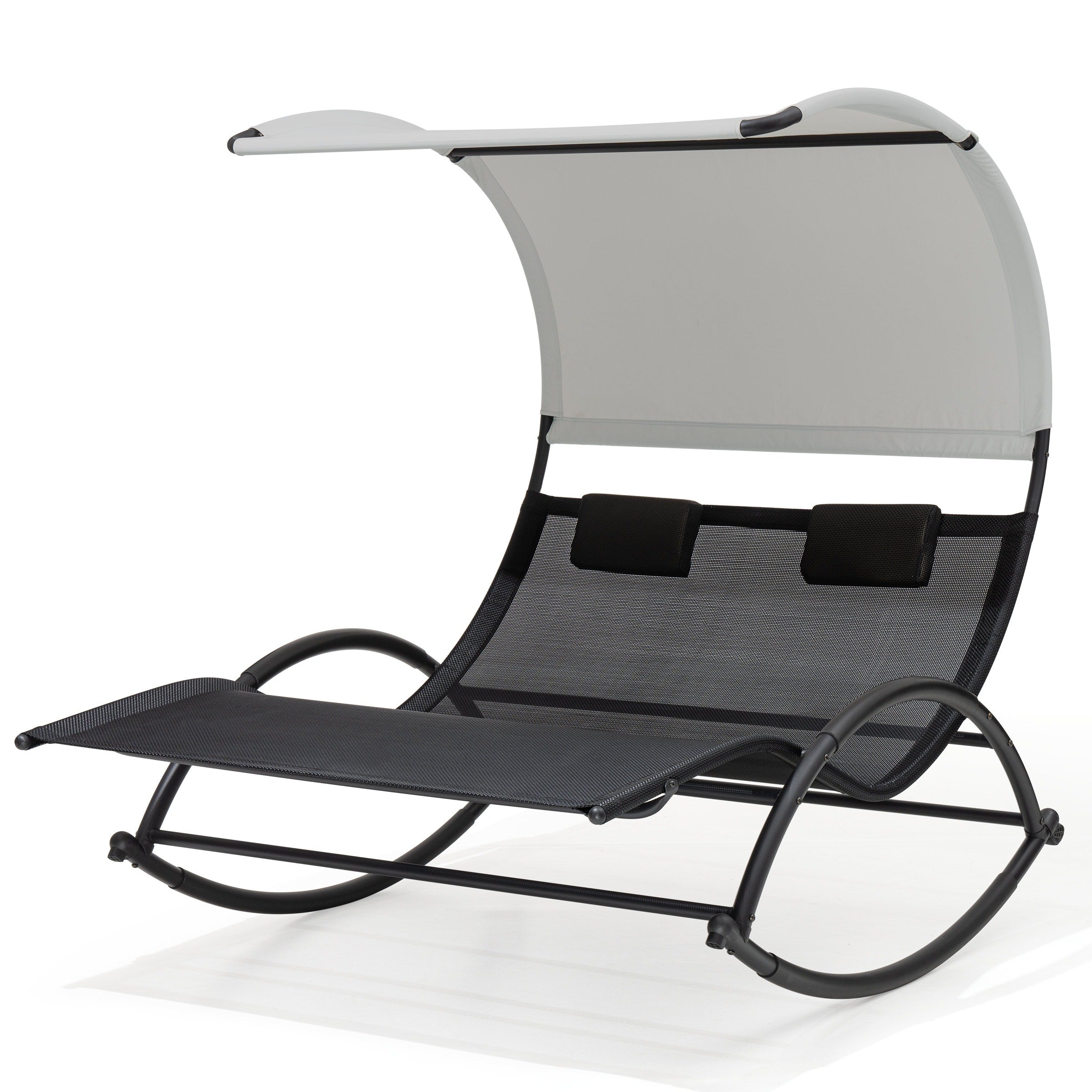 Outdoor Double Chaise Lounge Chair Rocking Bed With Sun Shade Wheels 54.5 67.3 65.7 Inches