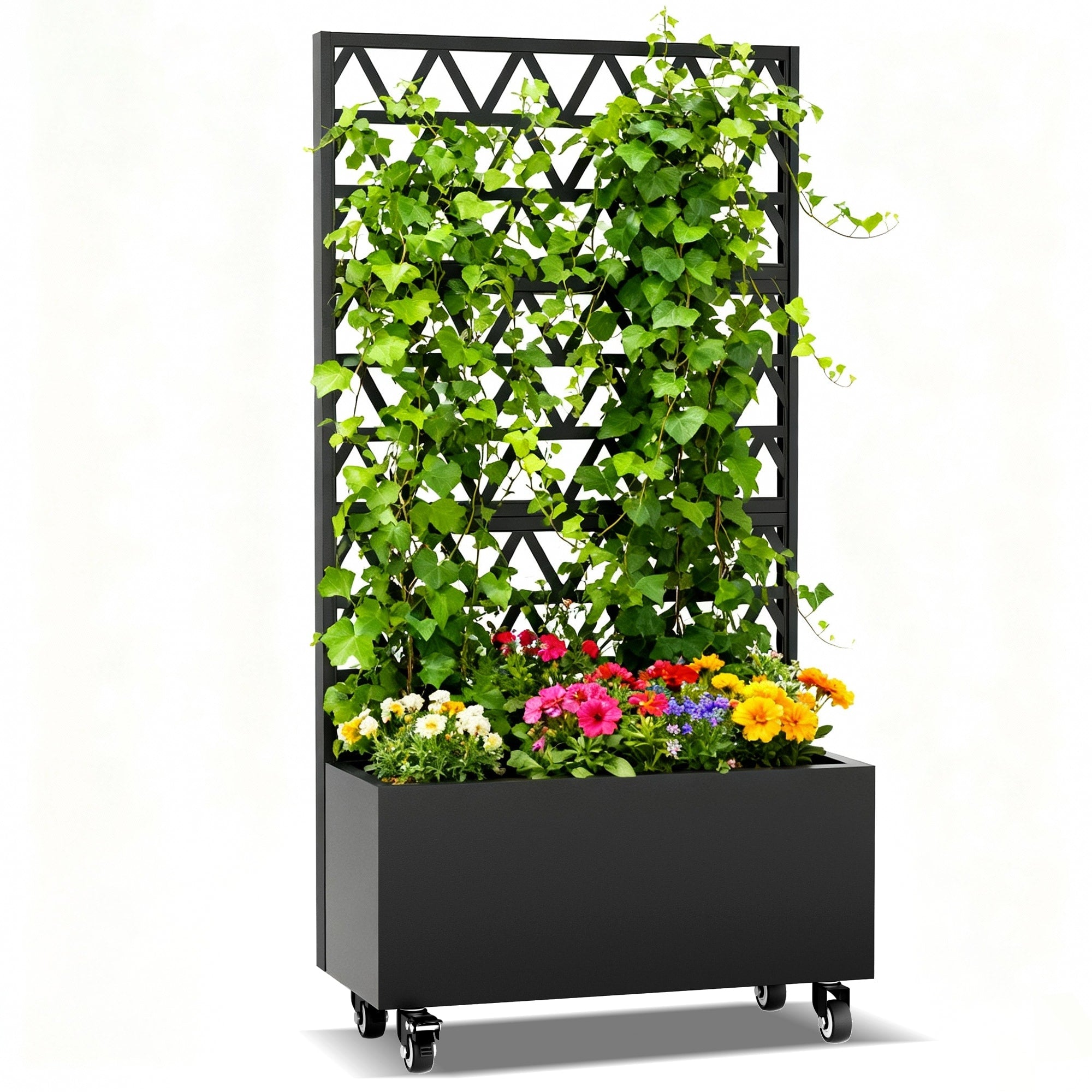 Outdoor Elevated Planter Box With Trellis Casters For Balconies Garden