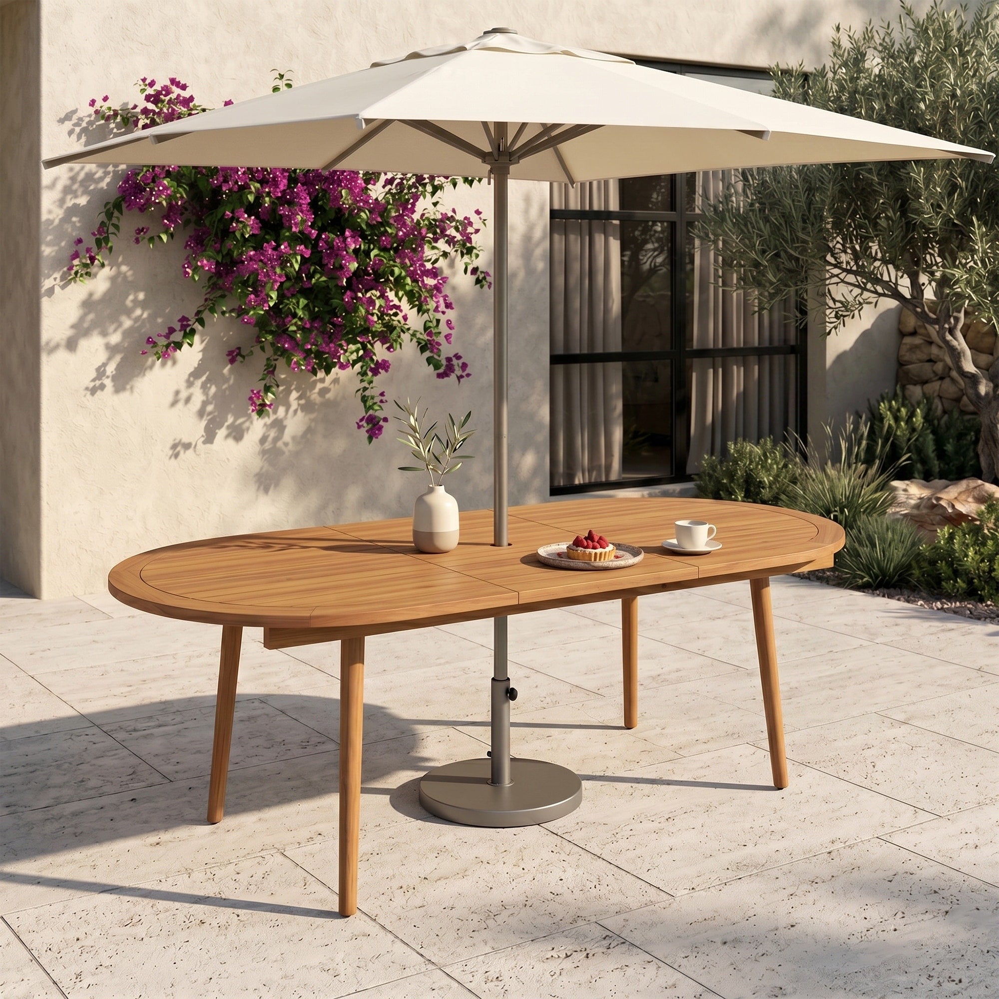 Outdoor Extendable Dining Table Oval Acacia Wood Table With Umbrella Hole