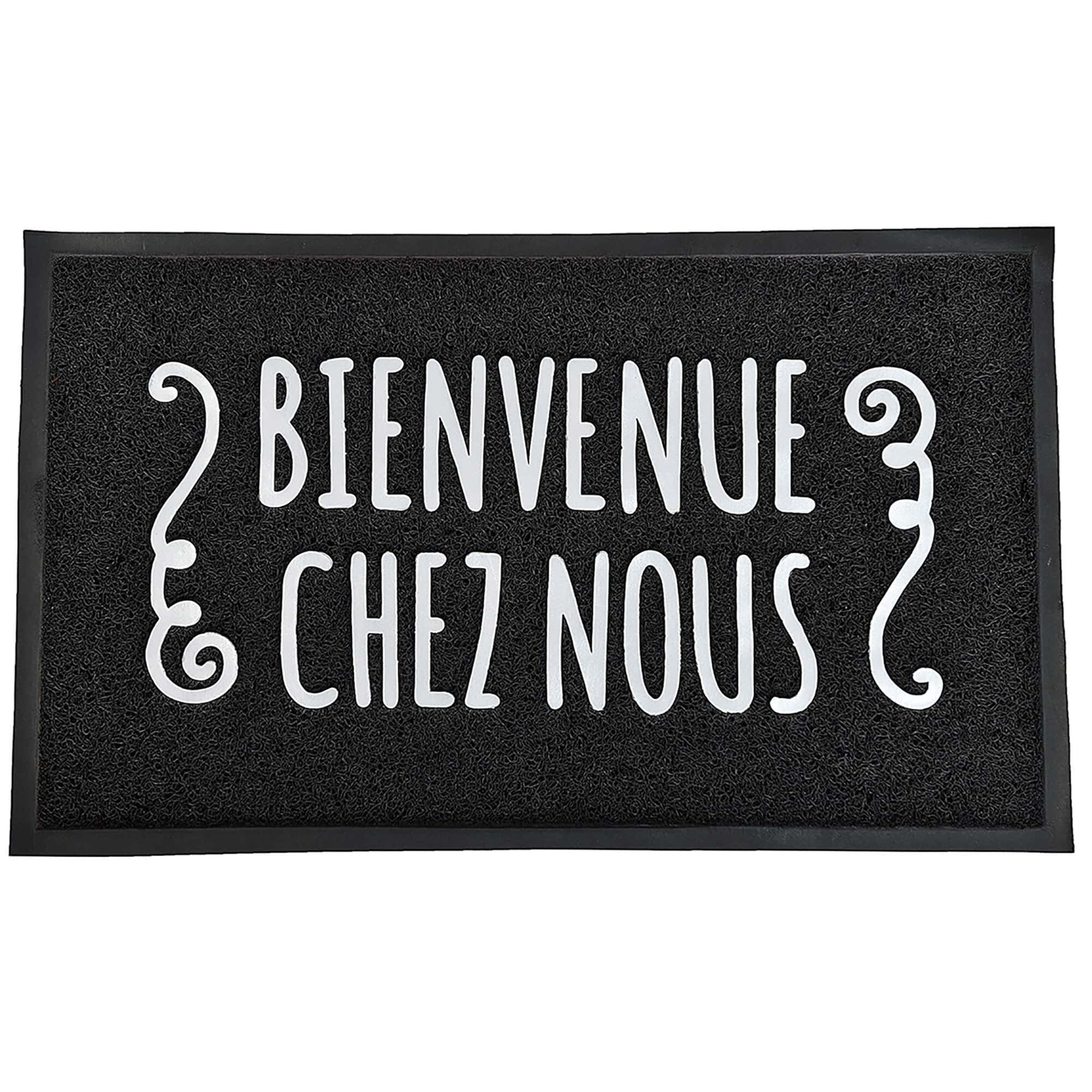 Evideco Outdoor Printed Front Door Mat French Bienvenue Chez Nous Pvc Rug 30X18 Inch Black