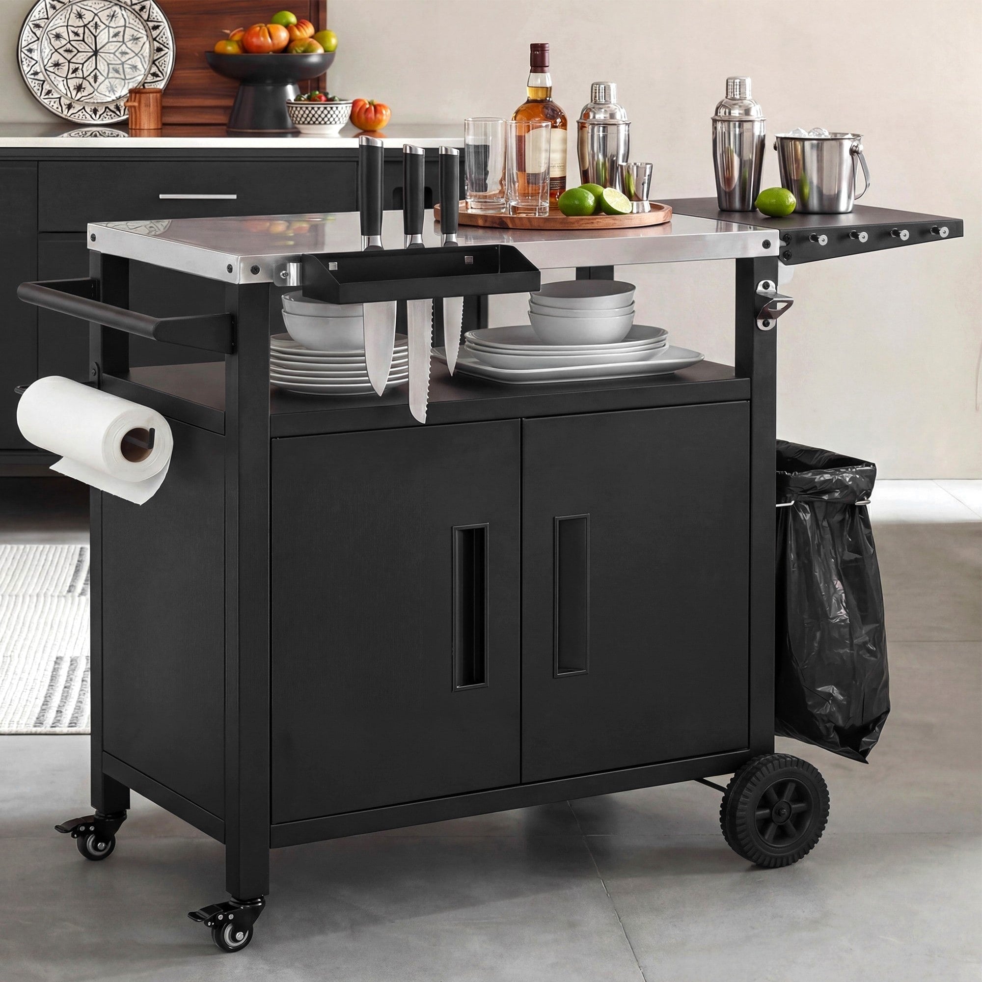 Outdoor Grill Cart Kitchen Island With Foldable Side Table Rolling Island Table Serving Cart With Spice Rack
