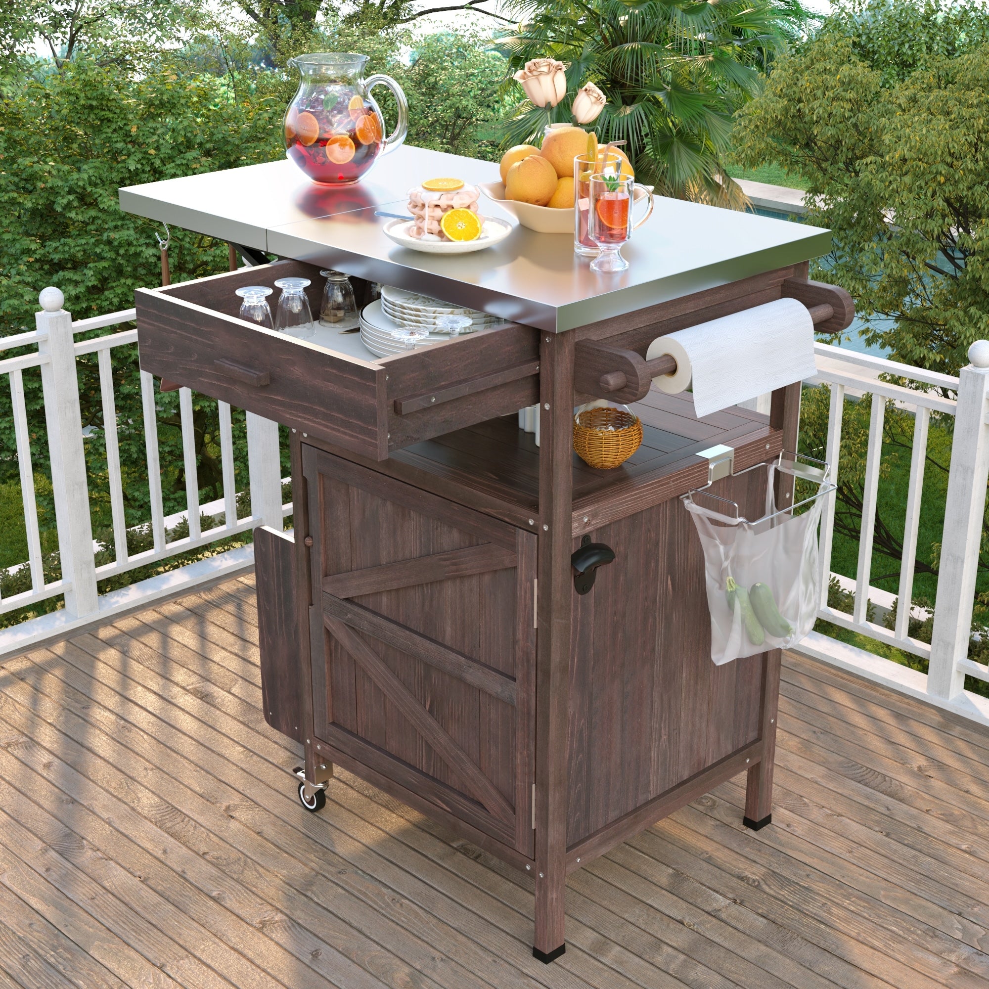 Outdoor Grill Cart Rolling Kitchen Cart With Drop Leaf Brown Patio Storage Cabinet Withtowel Rack Lockable Wheels