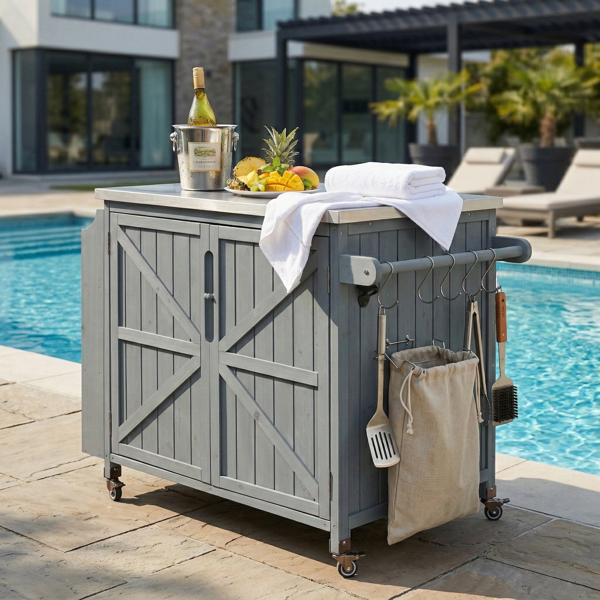 Outdoor Grill Cart Serving Cart With Storage Cabinet Rolling Kitchen Island With Adjustable Shelf Side Shelf