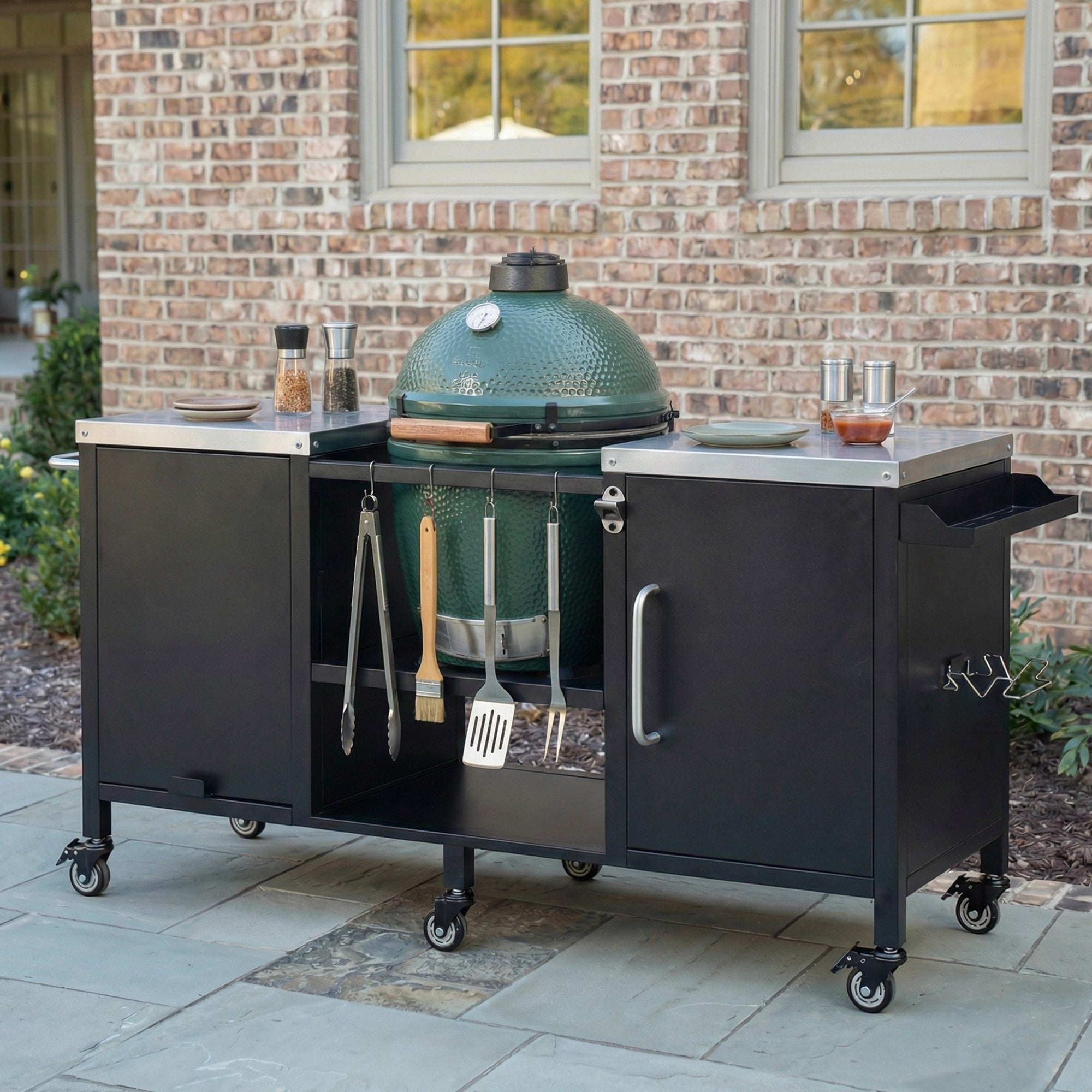 Outdoor Grill Cart With Adjustable Shelves Kitchen Island Rolling Island Table Serving Cart With Spice Rack