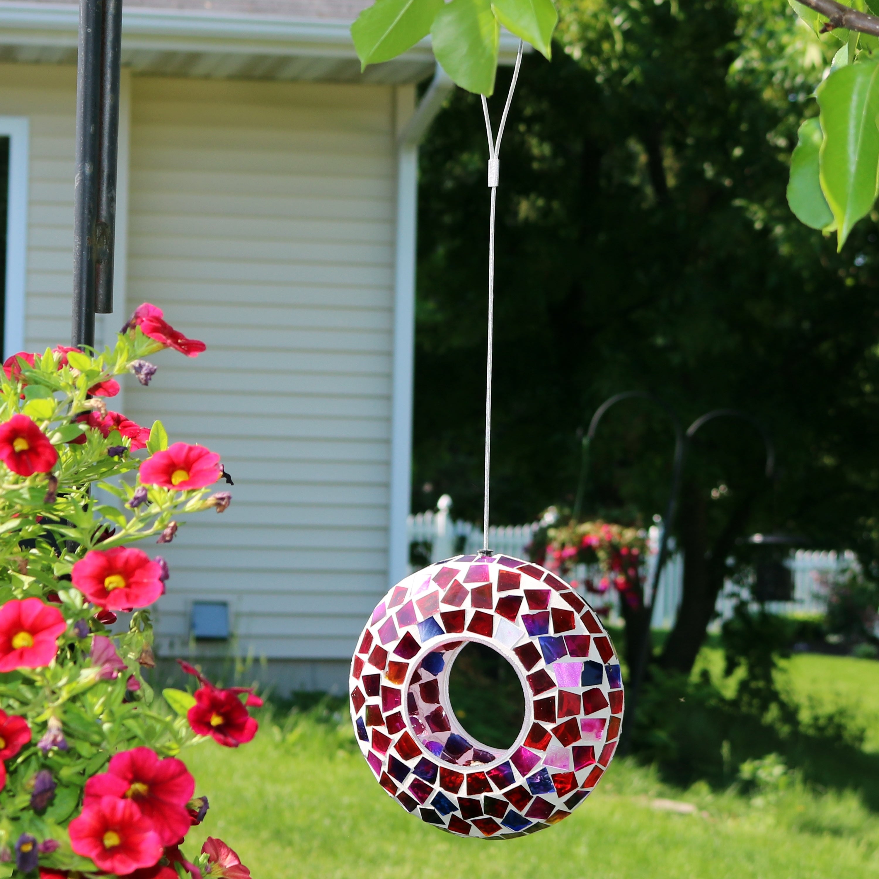 Sunnydaze Crimson Glass Mosaic Fly Through Hanging Outdoor Bird Feeder 7 Inch