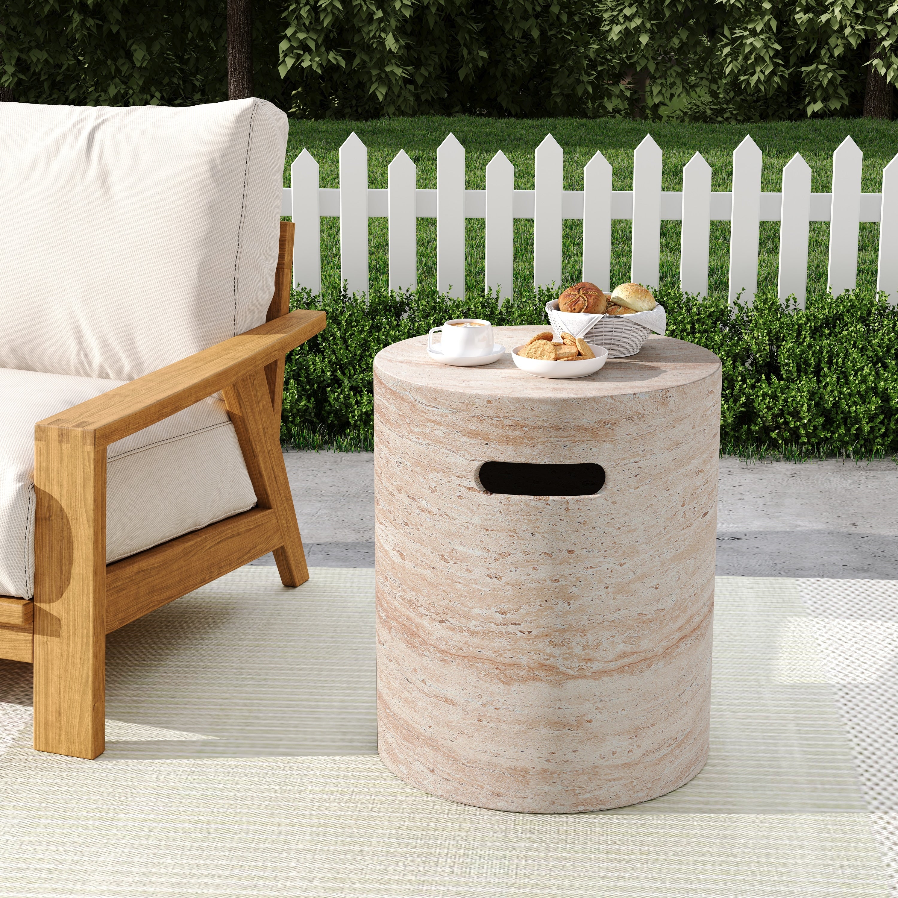 Outdoor Indoor Lightweight Concrete Side Table With Side Handles Travertine Finish 20.41