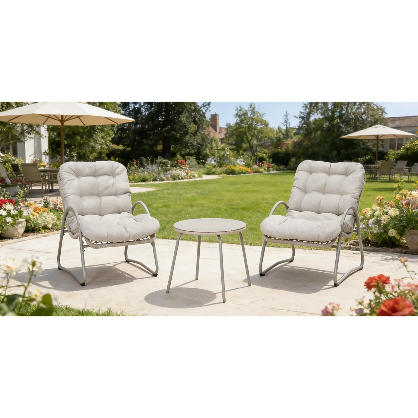 Outdoor Iron Framed Wicker 3 Piece Patio Set Accent Chair With Small Table Comfy Reading Chair Set Ergonomic Lounge Chair