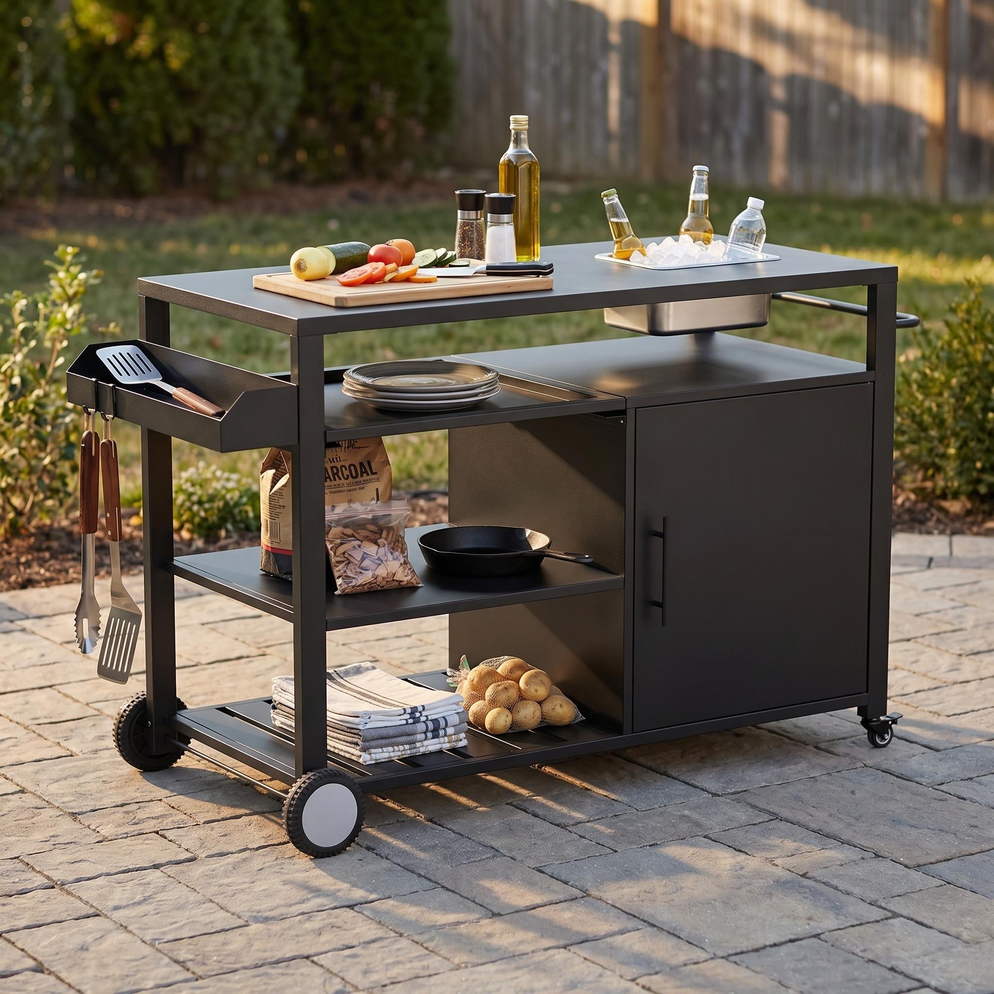 Outdoor Kitchen Cart With 304 Stainless Steel Ice Bin Bbq Prep Table With Storage Rolling Grill Cart Patio Bar Serving Station