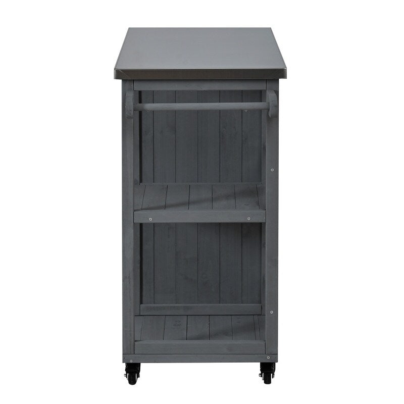 Solid Wood Outdoor Kitchen Island With Stainless Top Lockable Kitchen Cart With Storage Towel And Spice Racks For Patio Outdoor