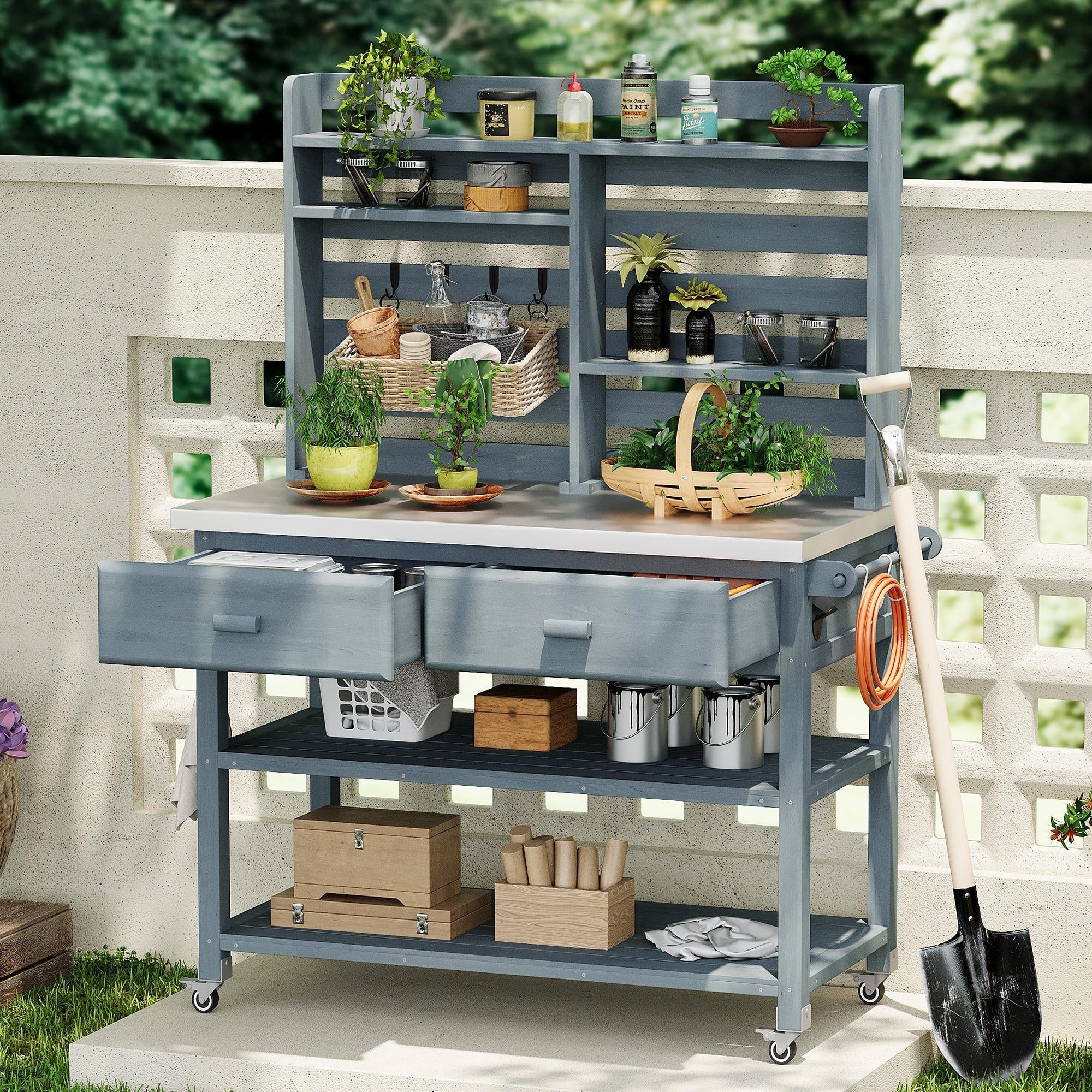 Outdoor Kitchen Island With Adjustable Hutch Storage Lockable Wheels