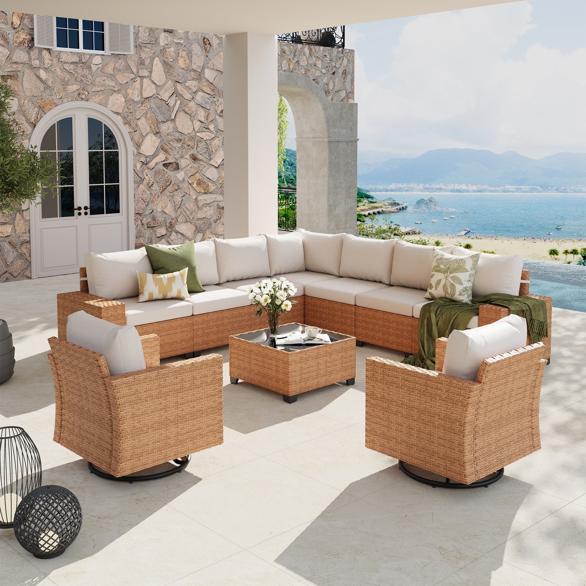 Outdoor L Shaped Conversation Set Sectional Sofa 10 Piece Swivel Chair With Cushions Coffee Table Pe Wicker Rattan