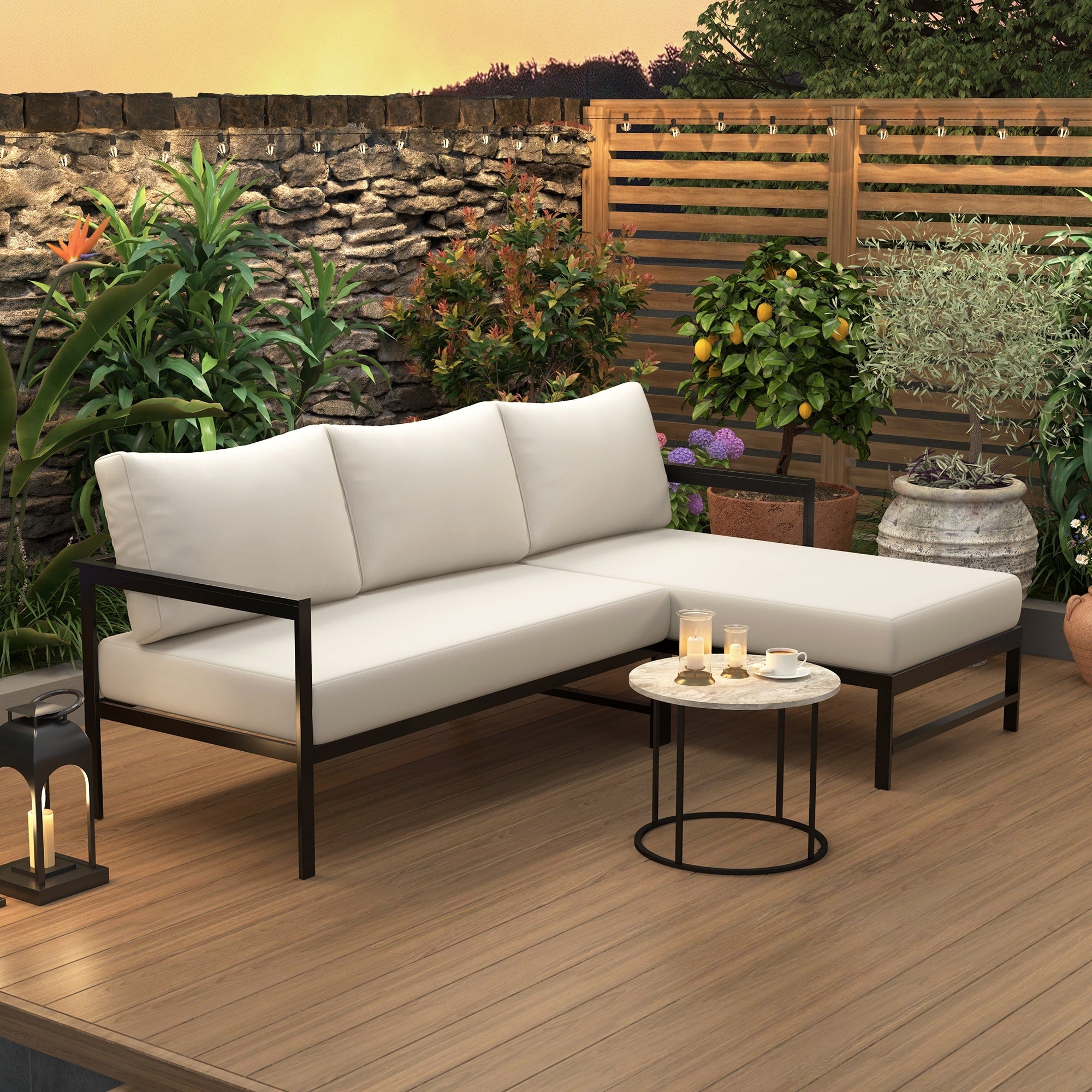 Outdoor L Shaped Sofa With Iron Frame Weather Resistant Patio Sofa Set With Ultra Thick Cushions Comfortable Seating For 3