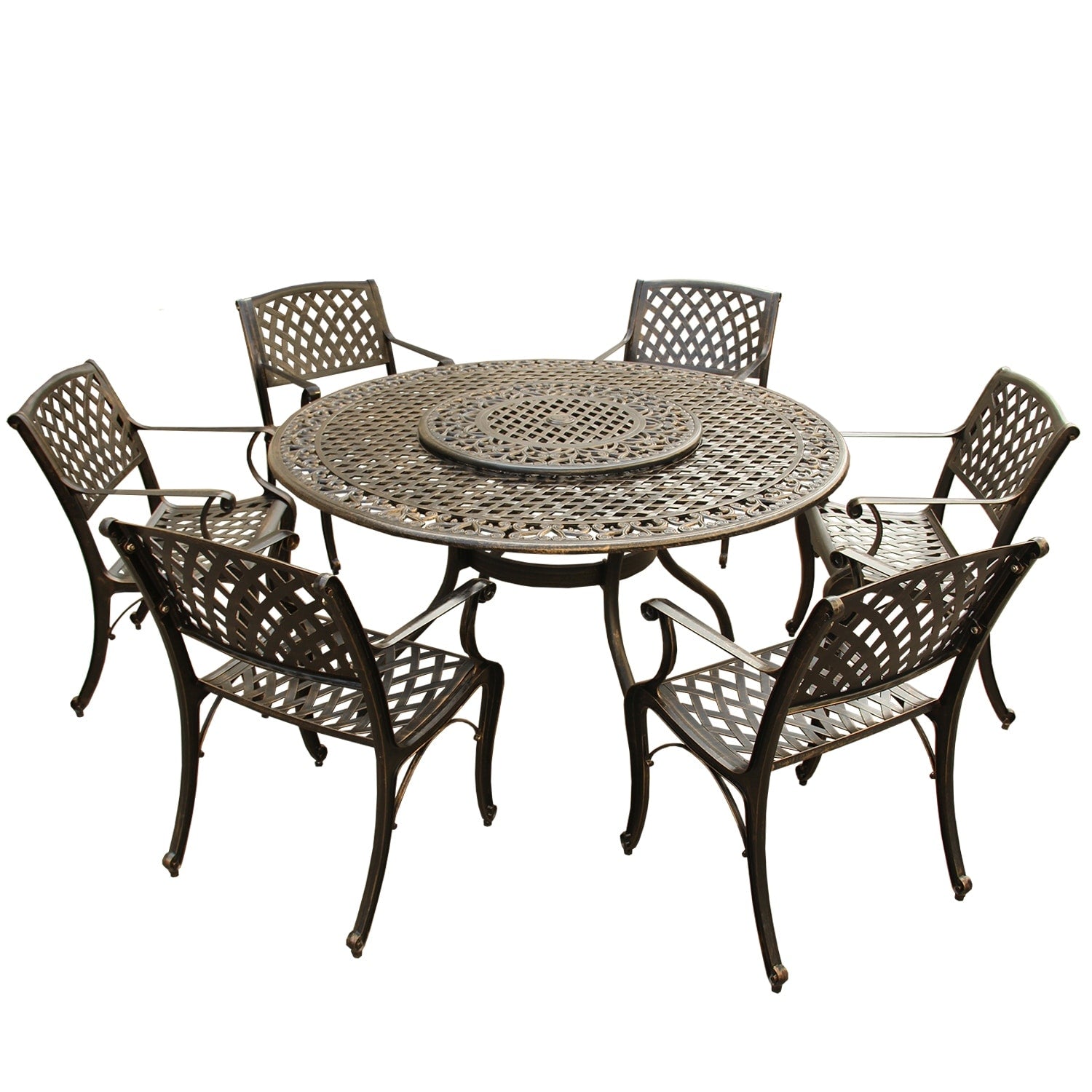 Outdoor Lattice 59 In. Round Dining Set With Lazy Susan And Six Chairs