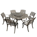 Havenside Home Goodland Outdoor Lattice 59 In. Round Dining Set With Lazy Susan And Six Chairs
