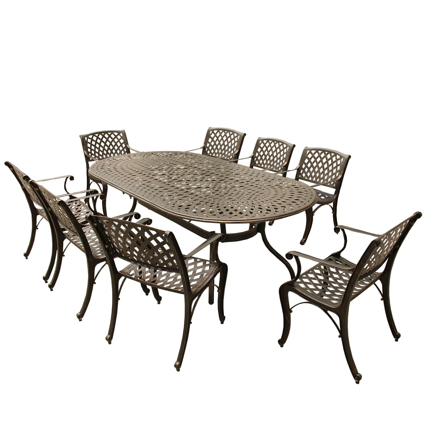 Havenside Home Goodland Outdoor Lattice 95 Inch Bronze Oval Dining Set With Eight Arm Chairs