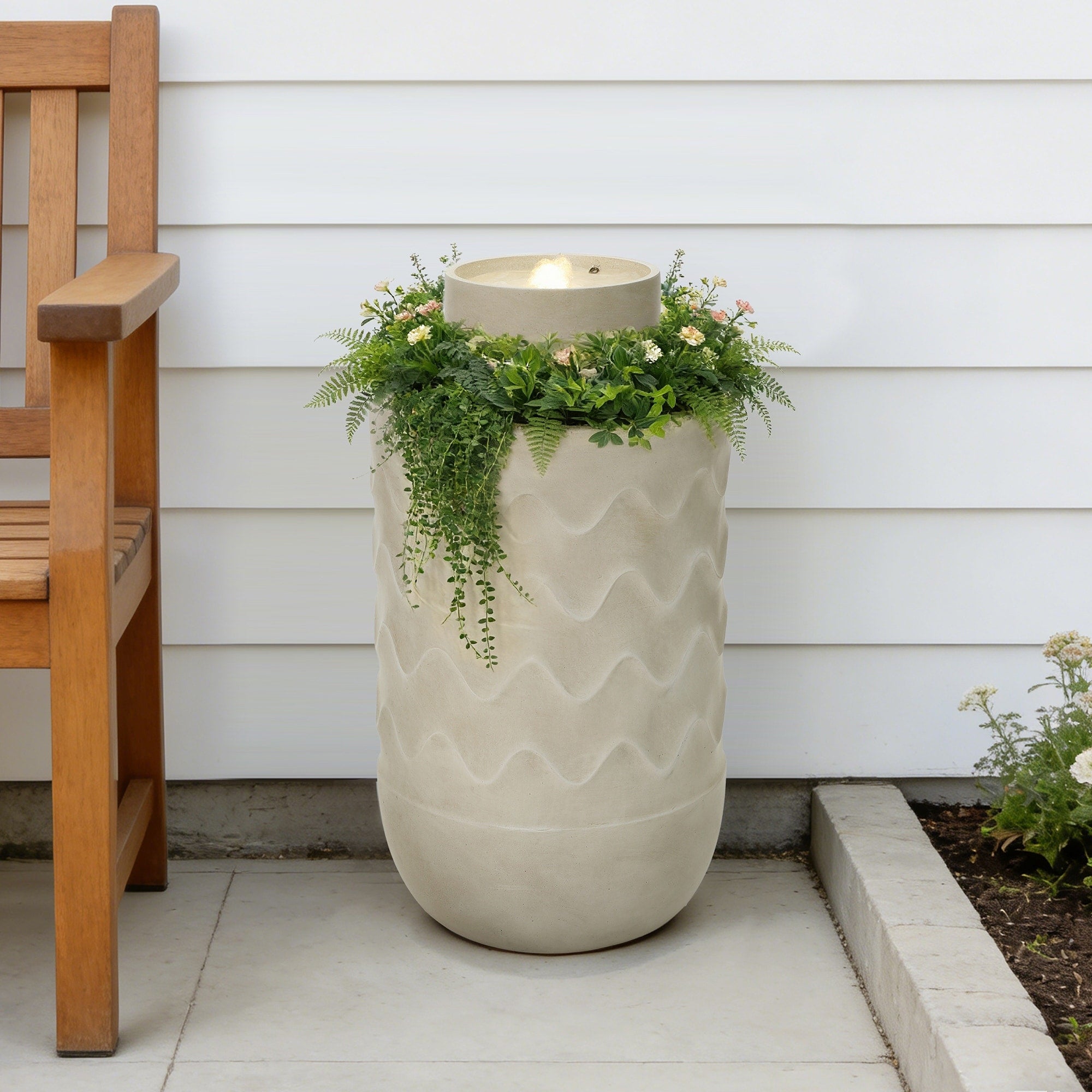 Outdoor Lighted Polyresin Fountain With Planter Decorative Garden Accent 27.36 H