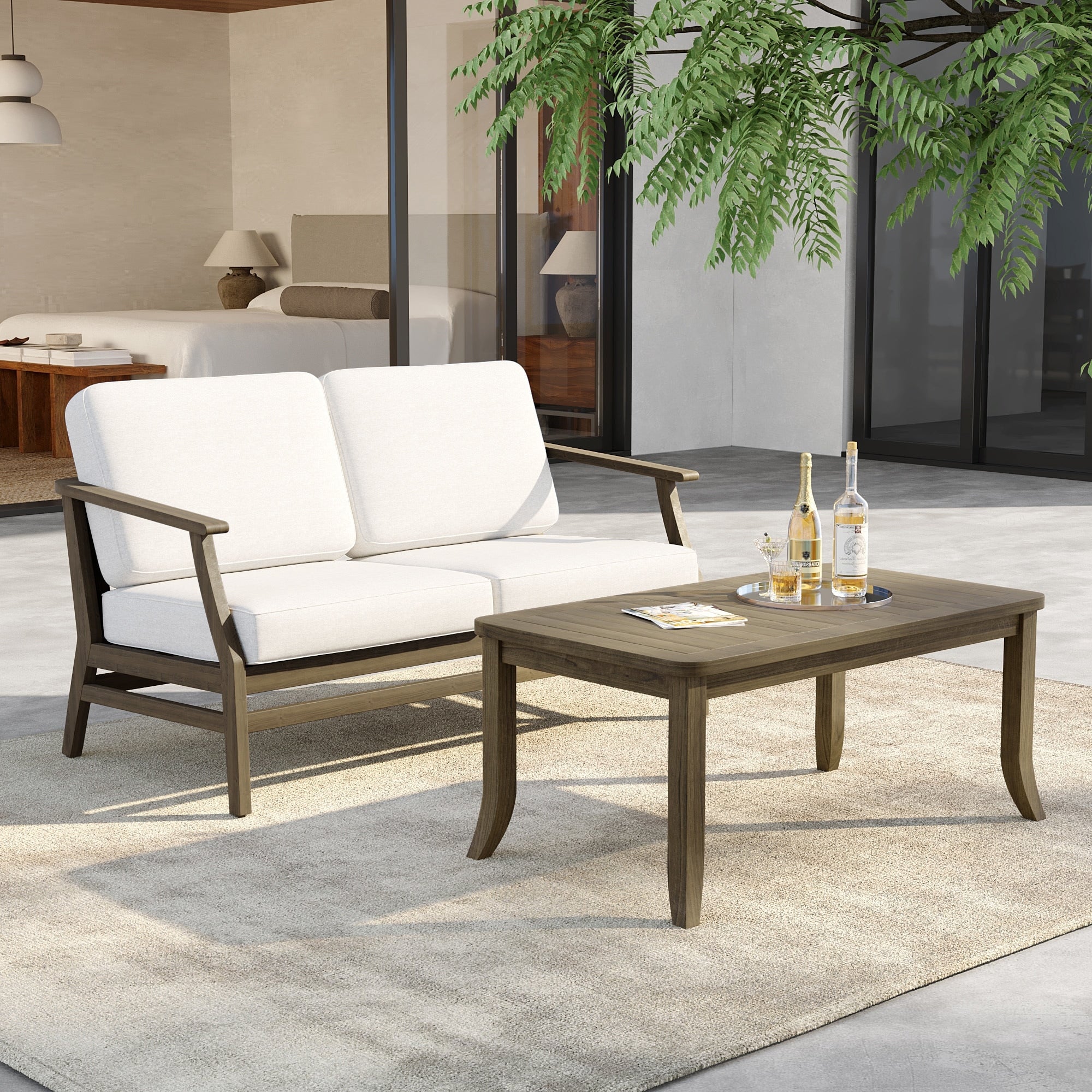 Outdoor Loveseat Sofa With Coffee Table Teak Wood Patio Furniture