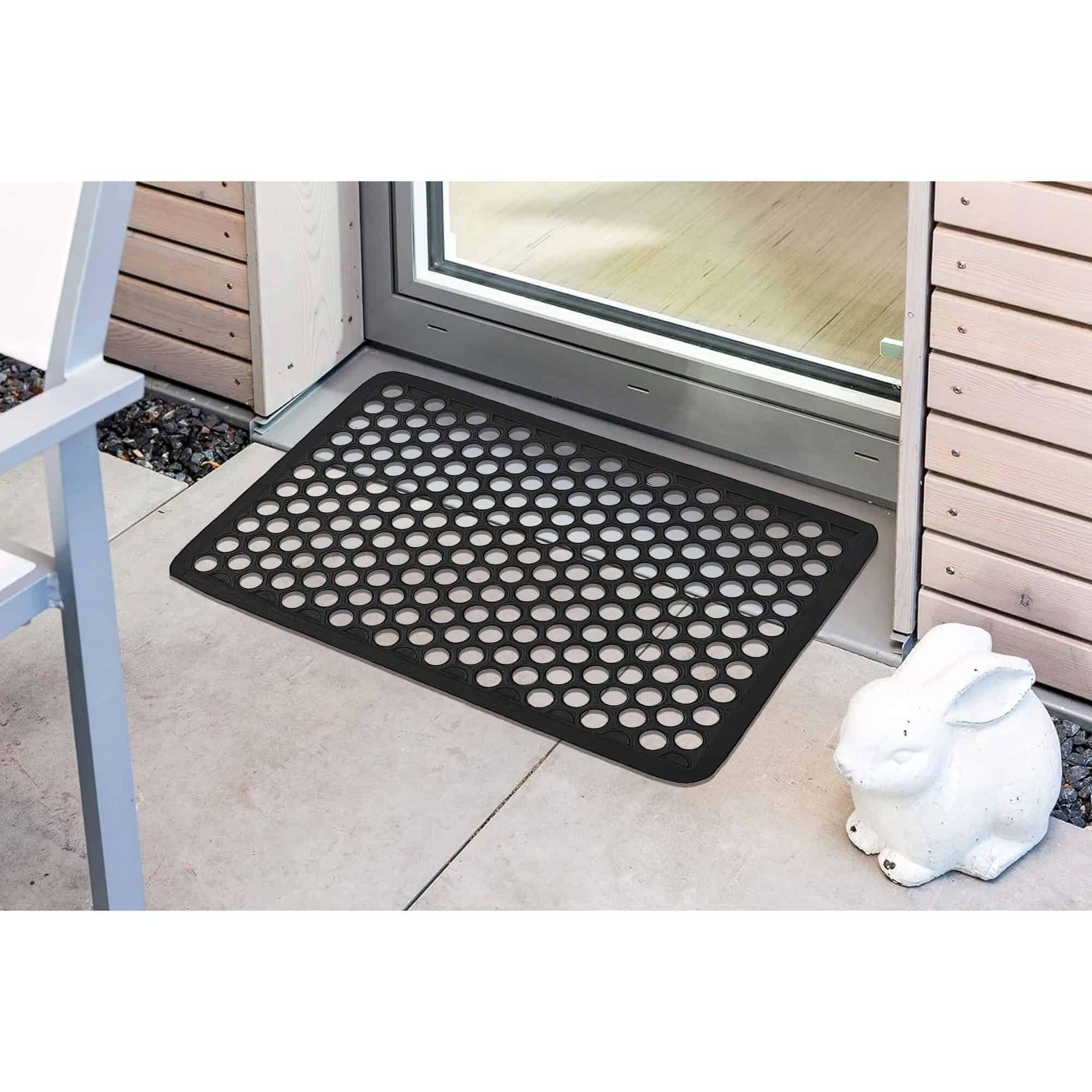 Evideco Outdoor Front Door Mat Harold Railing Rubber Rug 24X16 Inch Black