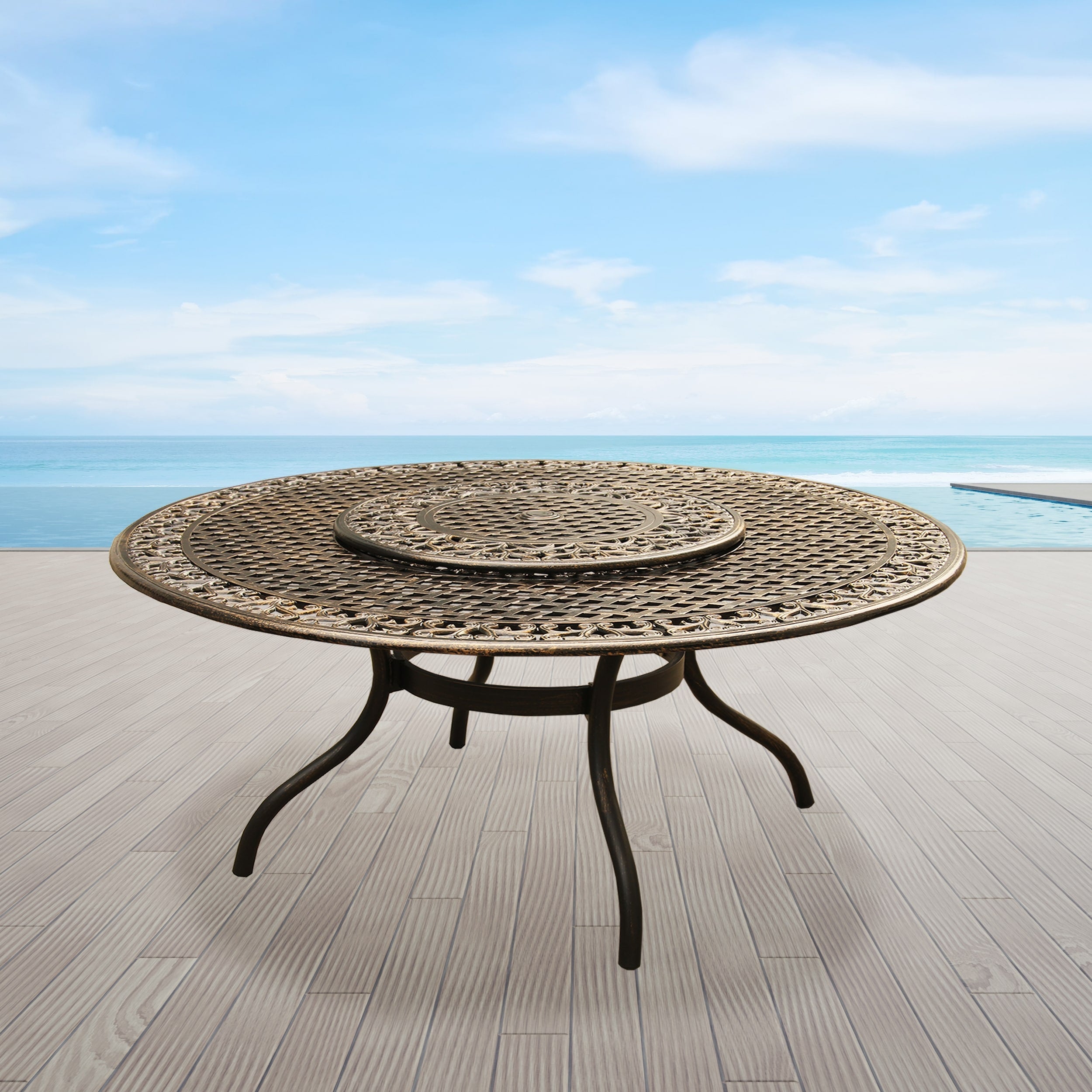 Outdoor Mesh Lattice 59 Inch Bronze Round Dining Table With Lazy Susan