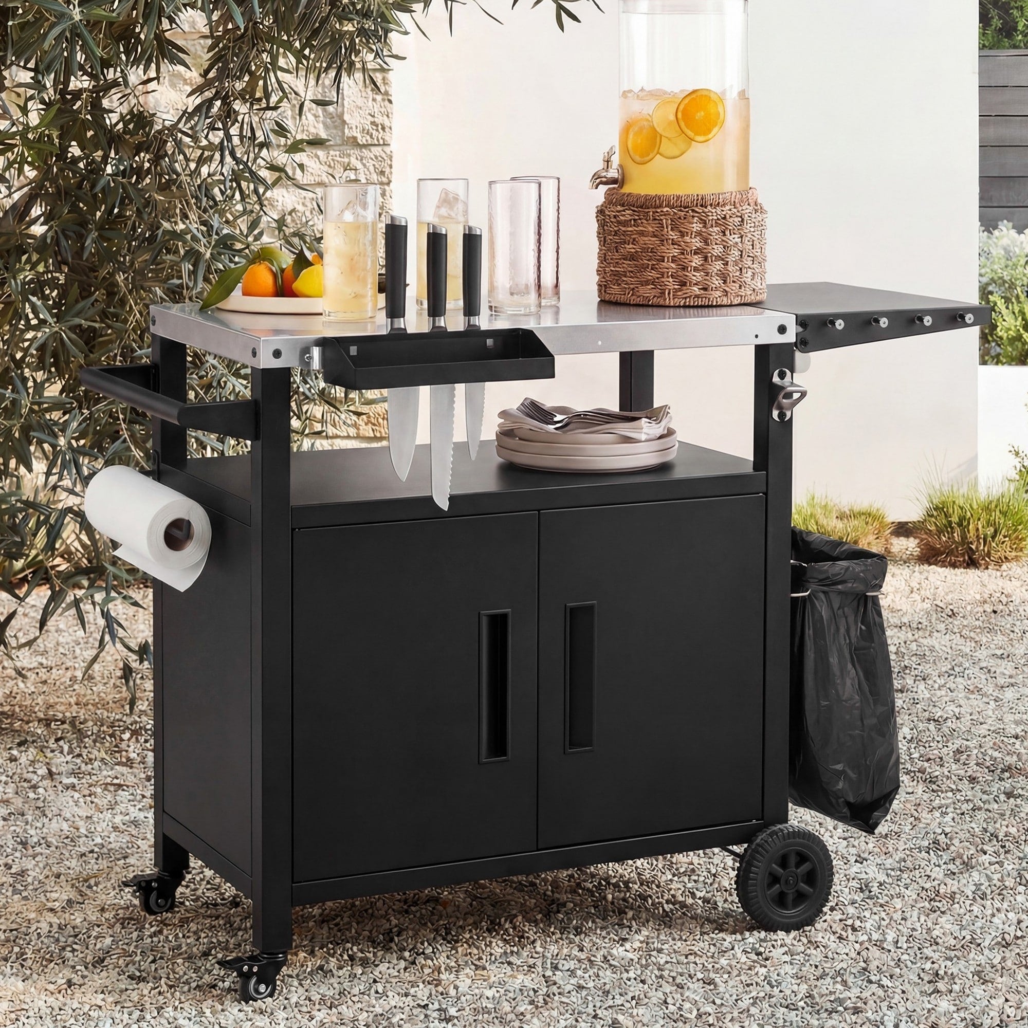 Outdoor Metal Grill Cart With Storage Cabinet Foldable Table Wheels Stainless Steel Top Hooks Spice Rack