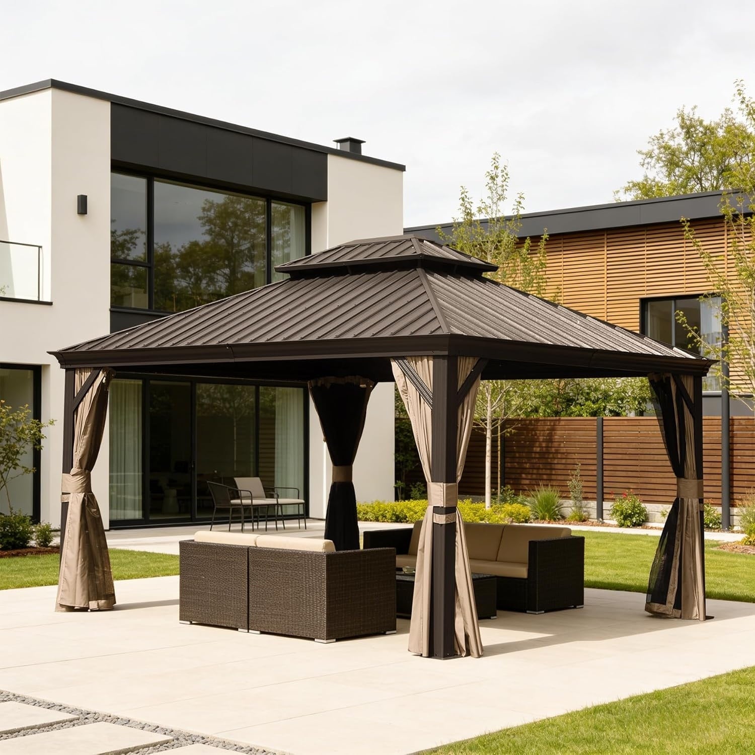 Outdoor Metal Hardtop Gazebo With Double Roof Drainage System Curtain And Netting